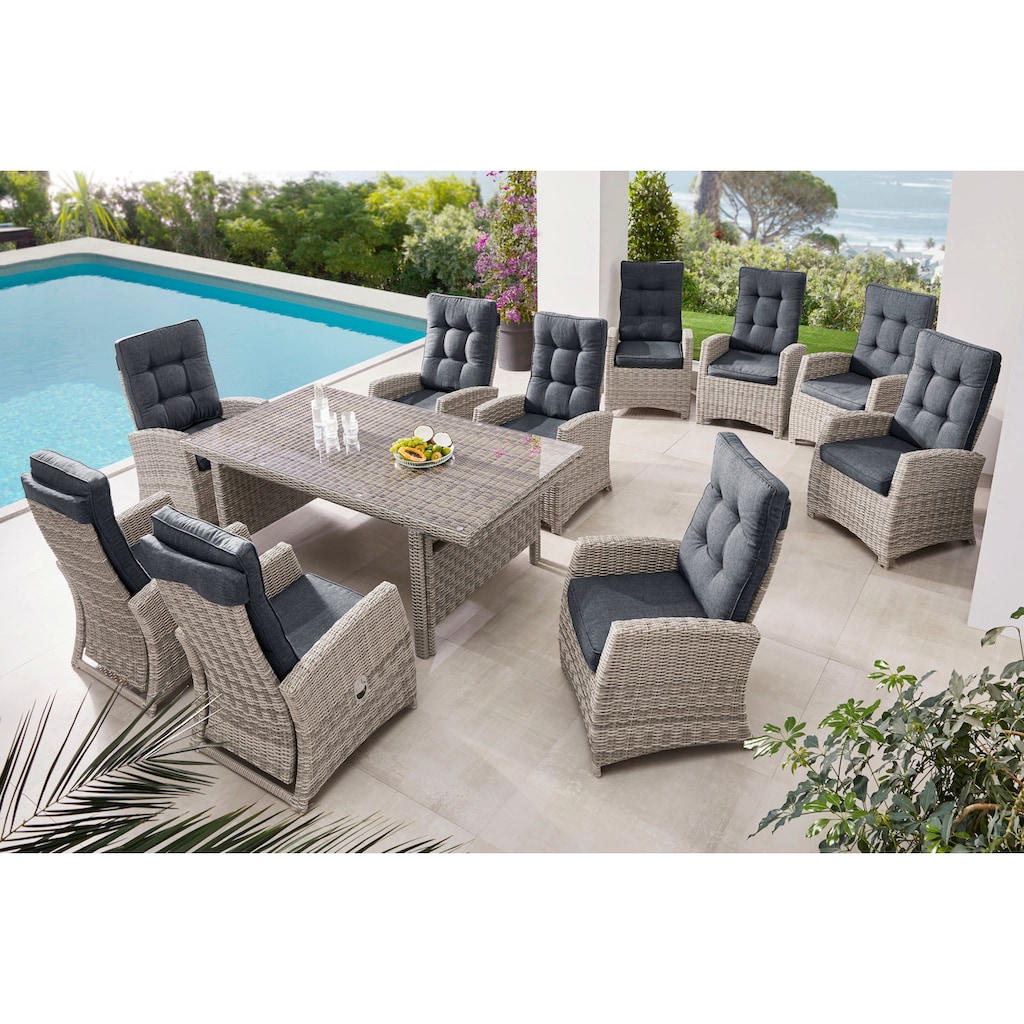 KONIFERA Garten-Essgruppe »Monaco«, (Set, 31 tlg., 10x Sessel, 1xTisch 200-366x100x75,5cm, inkl. Auflagen, Polyrattan,Alu), Rückenlehne verstellbar, Tischplatte aus 5mm starkem Sicherheitsglas