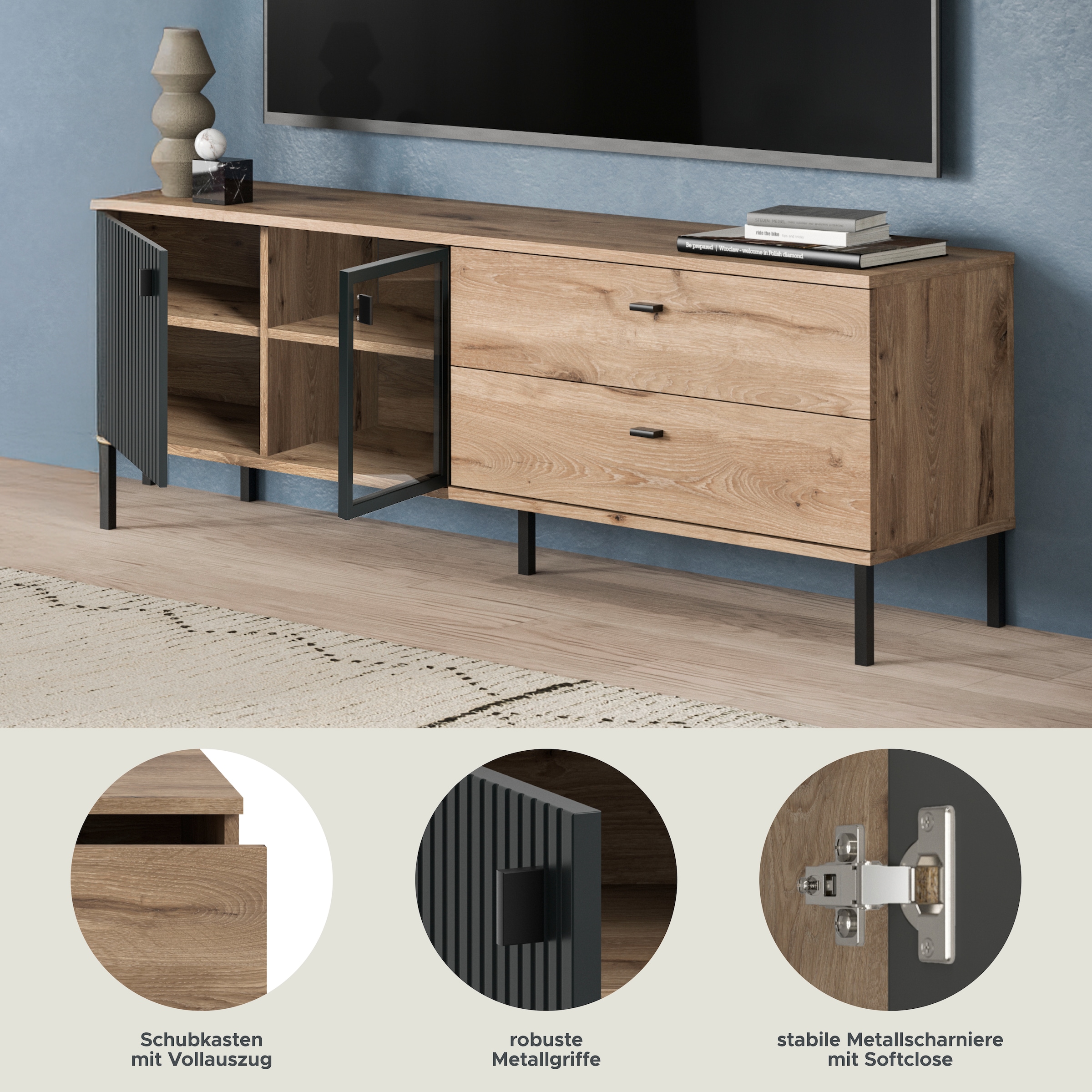 INOSIGN Lowboard »TREVERK, Breite: 154 cm, hochwertige MDF-Front schwarz tiefzieh« 1 Stk. tlg. Lowboard, Wohnzimmer, Esszimmer