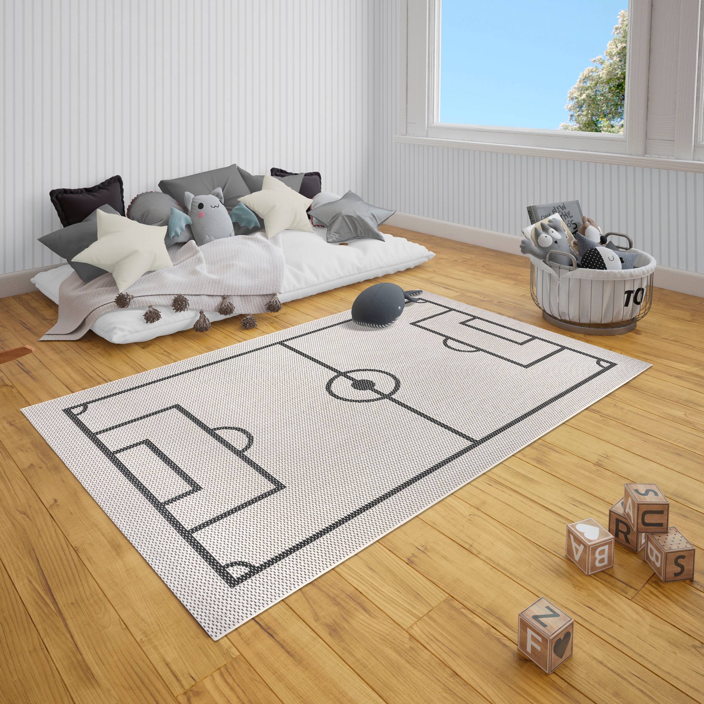 Hochflor Kinderteppich Rund Fußball und Basketball Design Teppich  Kinderzimmer