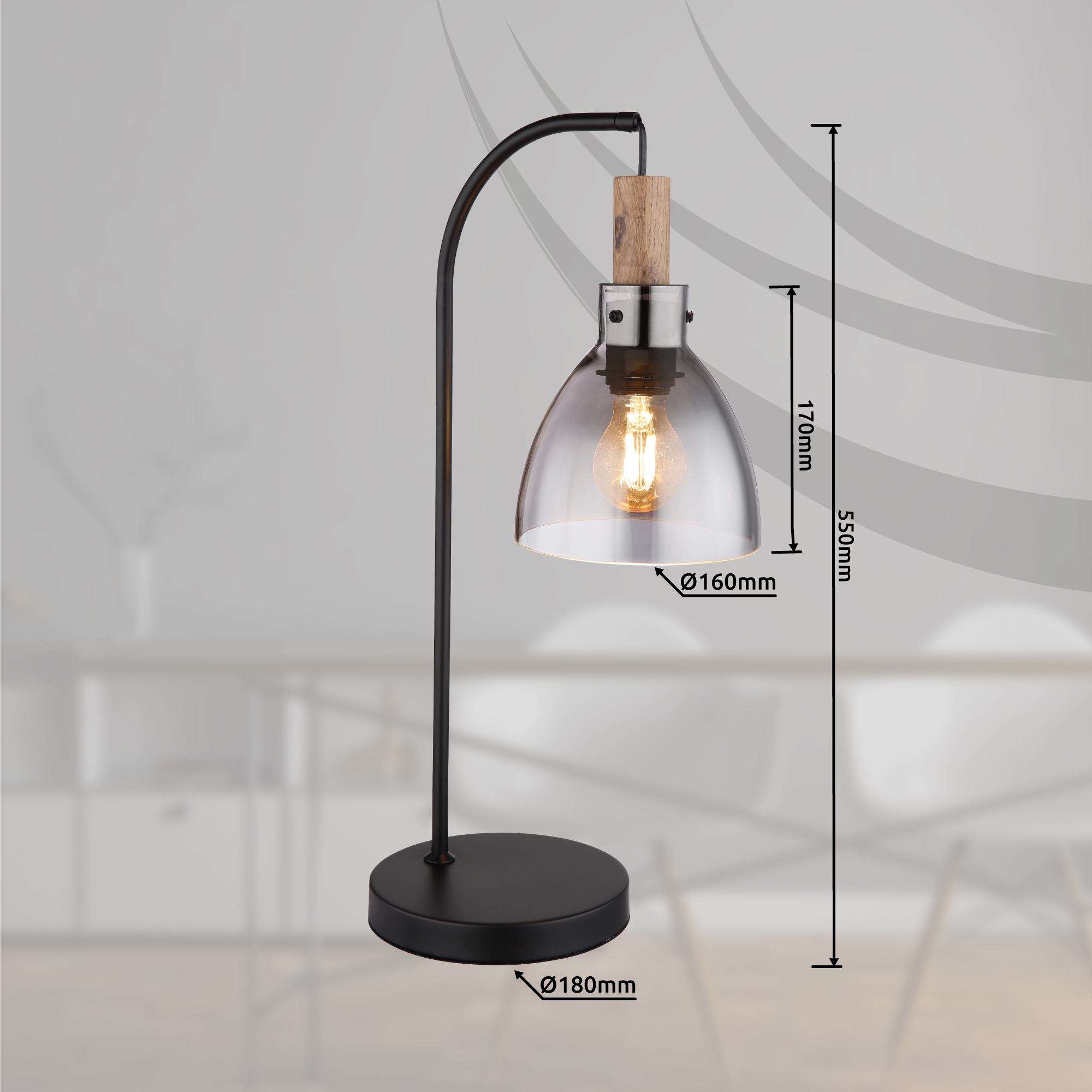 GLOBO LIGHTING Tischleuchte »MATTEA«, Leuchtmittel E27 | ohne Leuchtmittel, Tichlampe/Glas rauchfarben/Schlafzimmer/Wohnzimmer/Flur