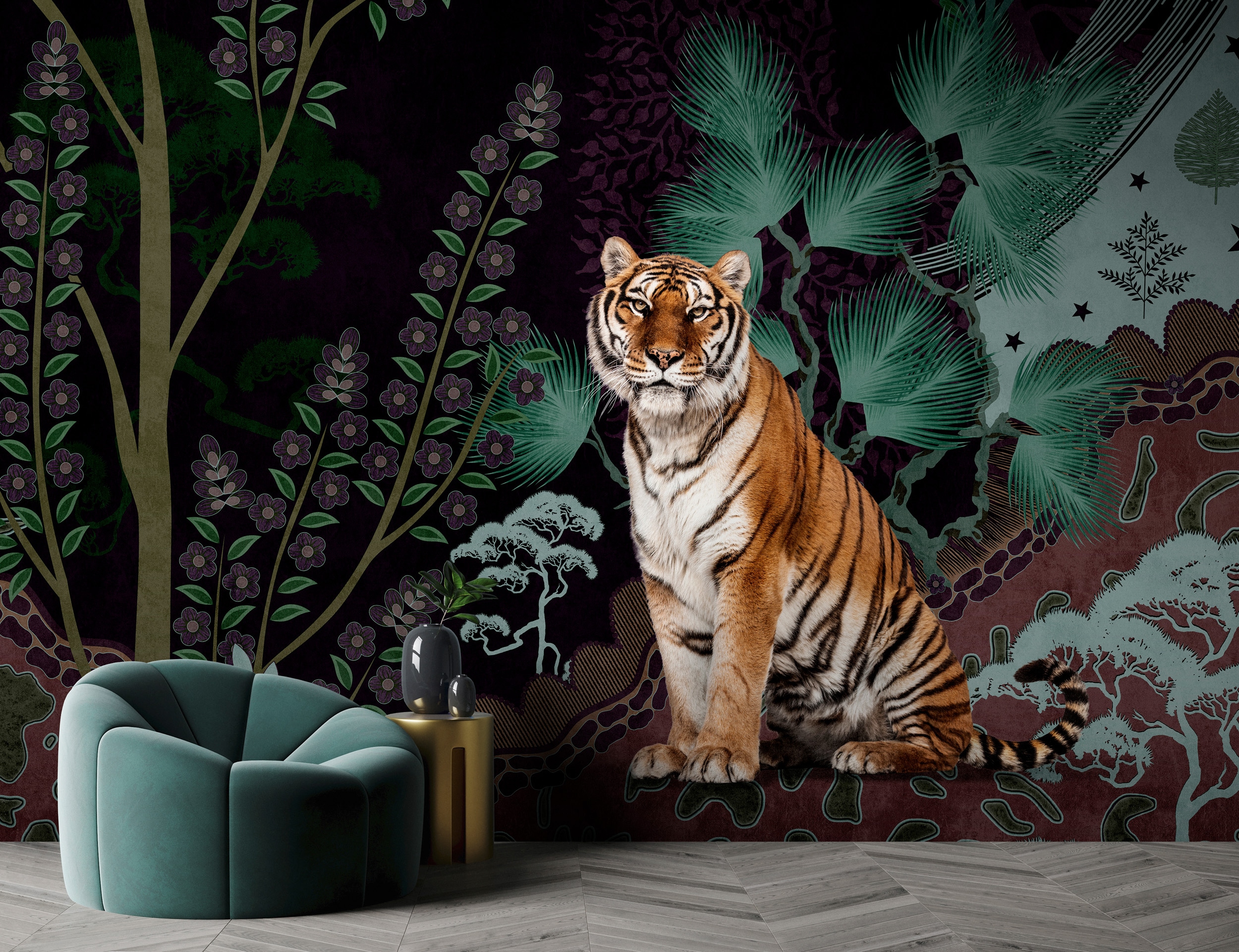 living walls Vliestapete "Tiger-Tapete exotisch Dunkelgrün Braun Dschungel" matt glatt