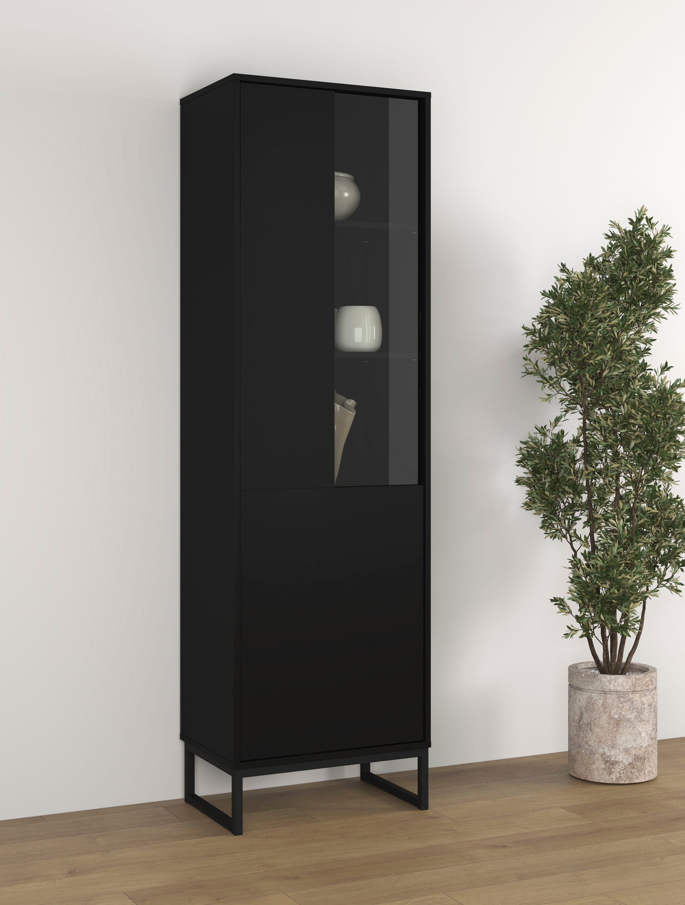 OTTO home Vitrine »Olbia, Höhe 180cm, Standvitrine mit Glastür, Metallkufen, push-to-open« Hochschrank mit viel Stauraum, Glastür, verstellbaren Einlegeböden