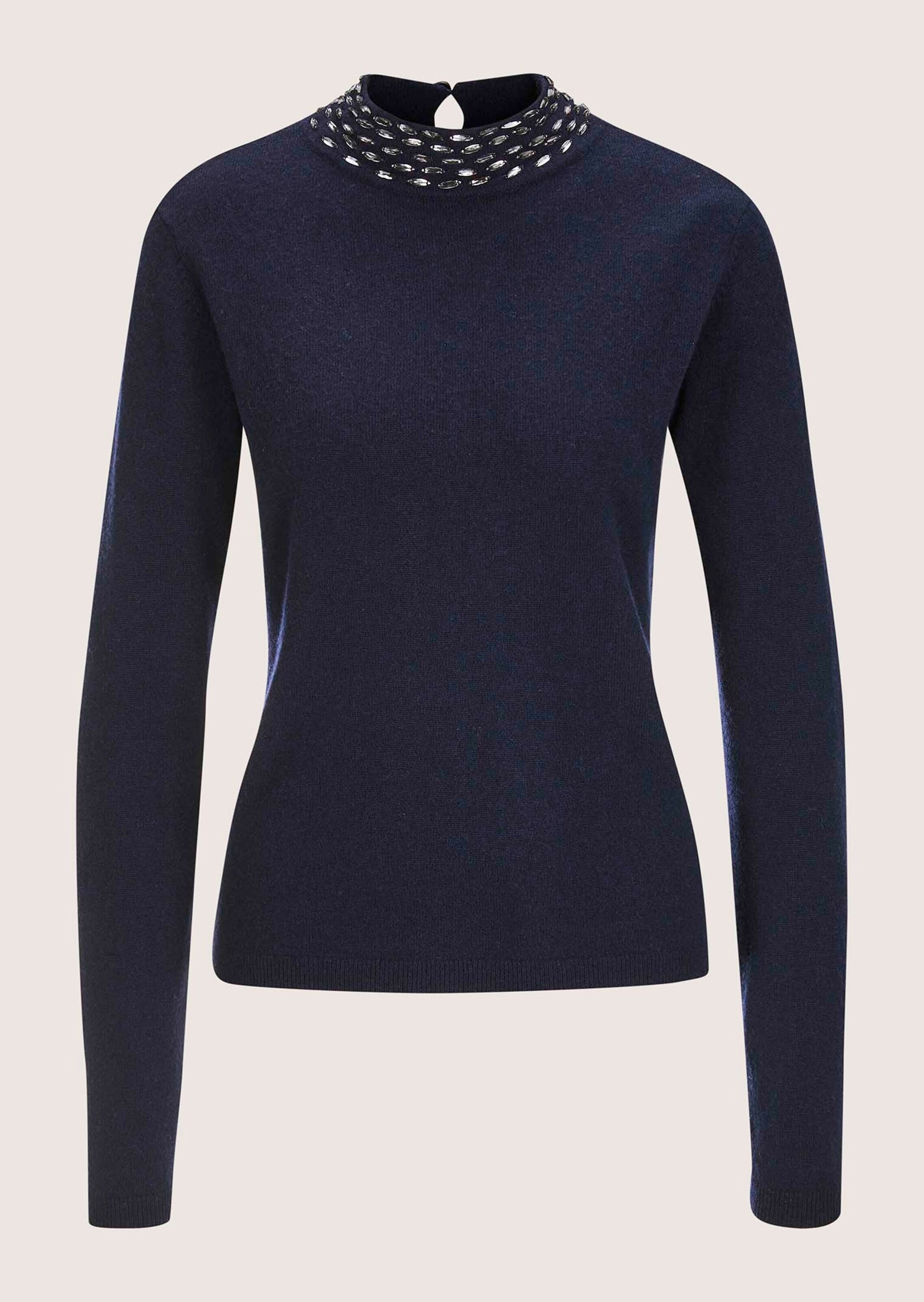 Longpullover MADELEINE "Strickpullover Eleganter Wollpullover mit Stehkragen", Damen, Gr. 44/46, blau (marine), Obermaterial: 90% Schurwolle WV. 10% Kaschmir WS., Modern, Pullover Longpullover, mit Dekosteinen