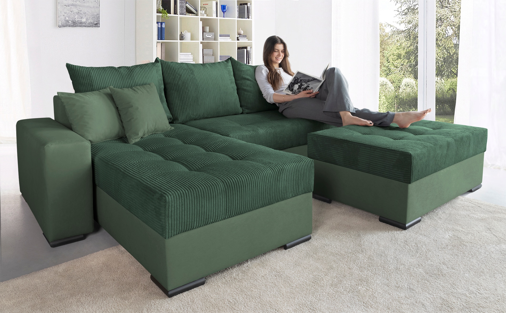 COLLECTION AB "Josy L-Form, B: 214 cm in Cord, Cord-Mix" Schlaffunktion, Bettkasten & 2 Zierkissen, Federkern