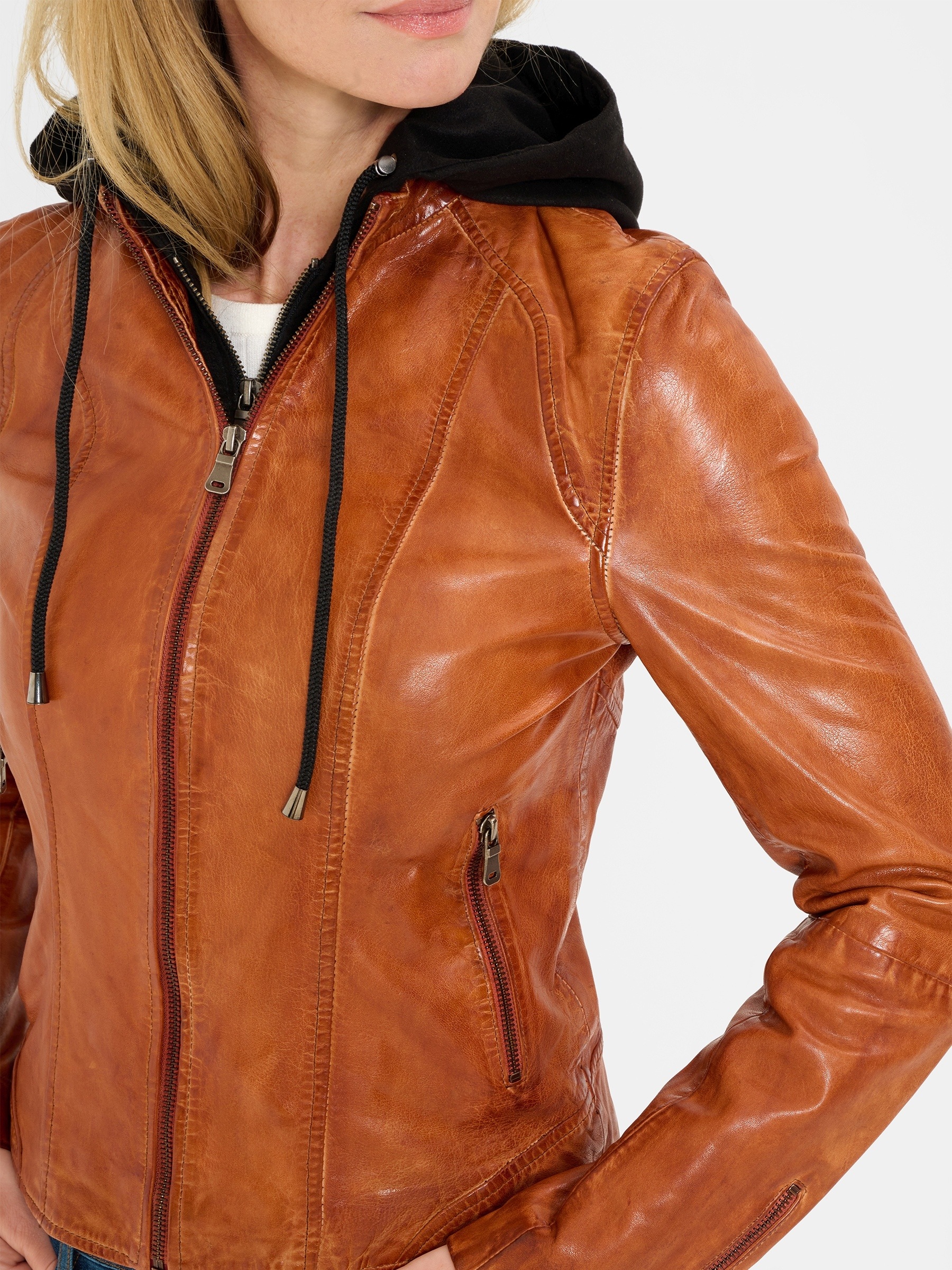RICANO Lederjacke »Lederjacke Dalia« Abnehmbare Kapuze Handgefertigt aus echtem Leder