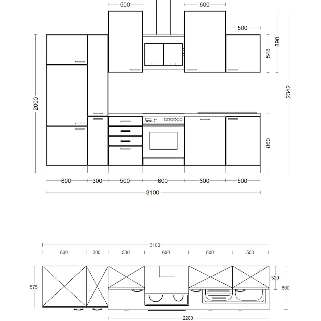 Flex-Well Küche »Florenz«, Breite 310 cm, mit und ohne E-Geräte lieferbar