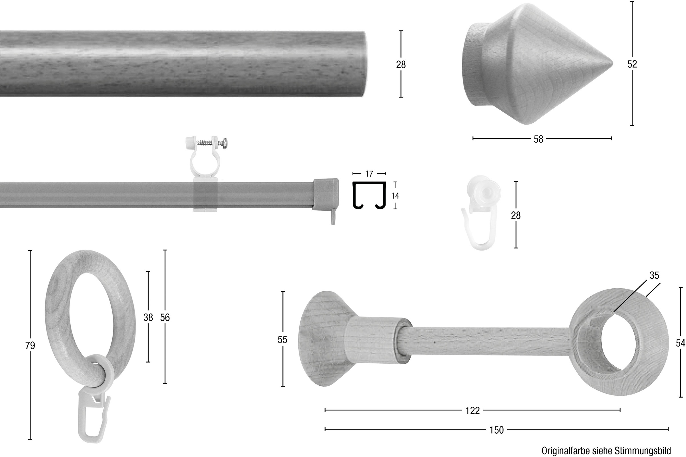 Thumbnail - GARESA Gardinenstange "Palmo" Ø 28 mm 2 läufig-läufig Wunschmaßlänge Vorhanggarnitur aus Holz, verlängerbar, mit Ringe/2...