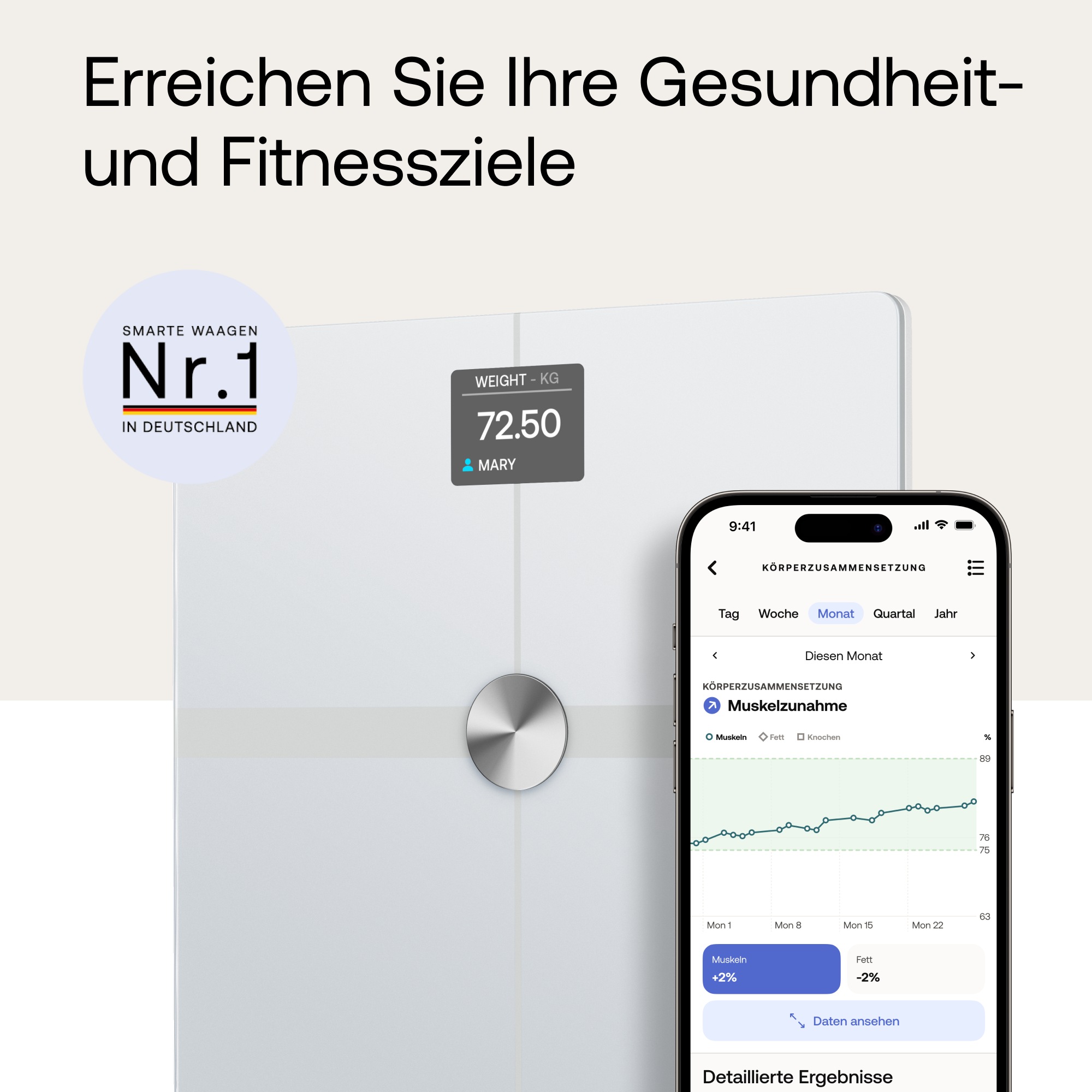 Withings Personenwaage »Body Smart, einschließlich Körperfett-/Muskelmasse«, automatische Erkennung und Verfolgung von bis zu 8 Benutzern