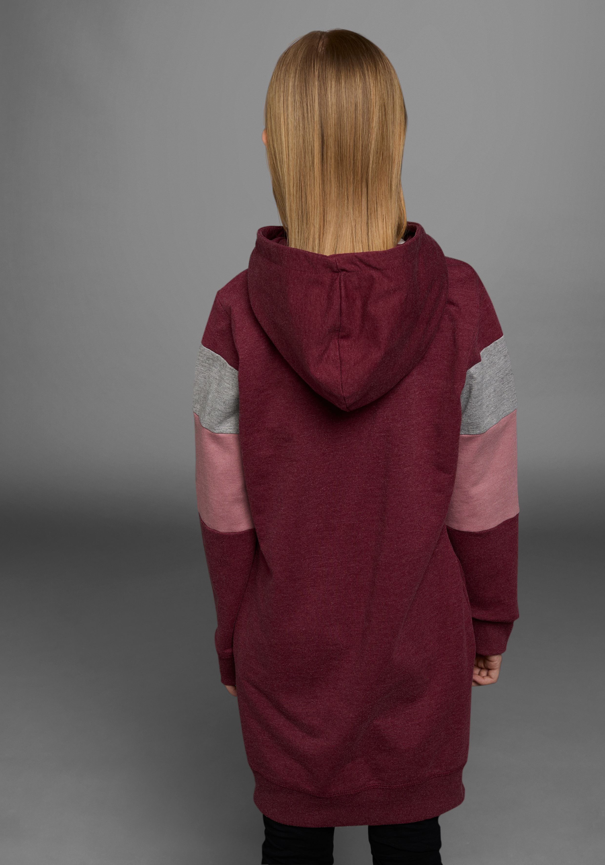 Thumbnail - KIDSWORLD Sweatkleid Eingrifftaschen lang, sportliches Streifendesign, aus Baumwollmischung, Langarm