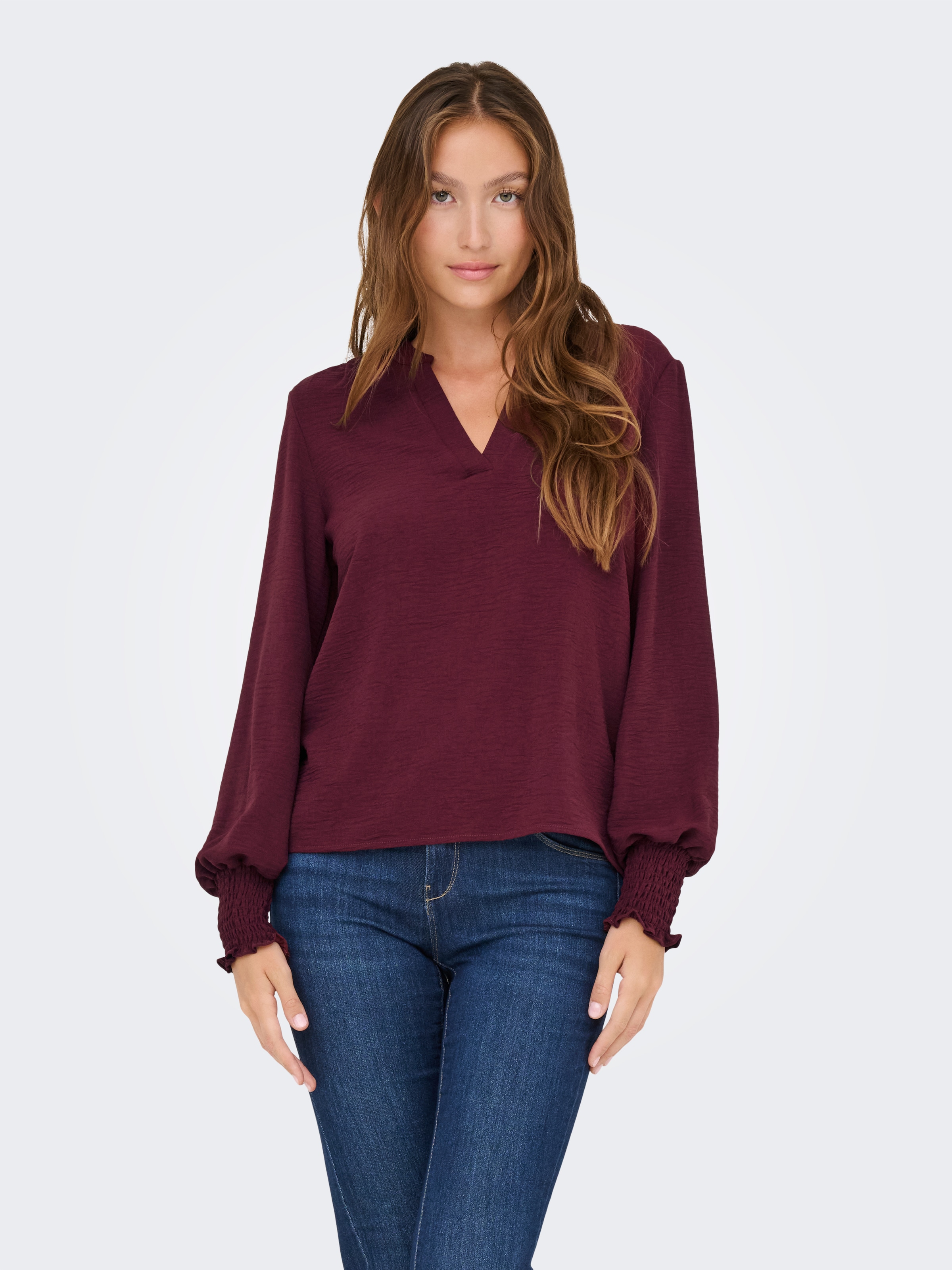 ONLY "ONLMETTE V-NECK LS SMOCK TOP NOOS WVN" Kunstfaser, regular fit