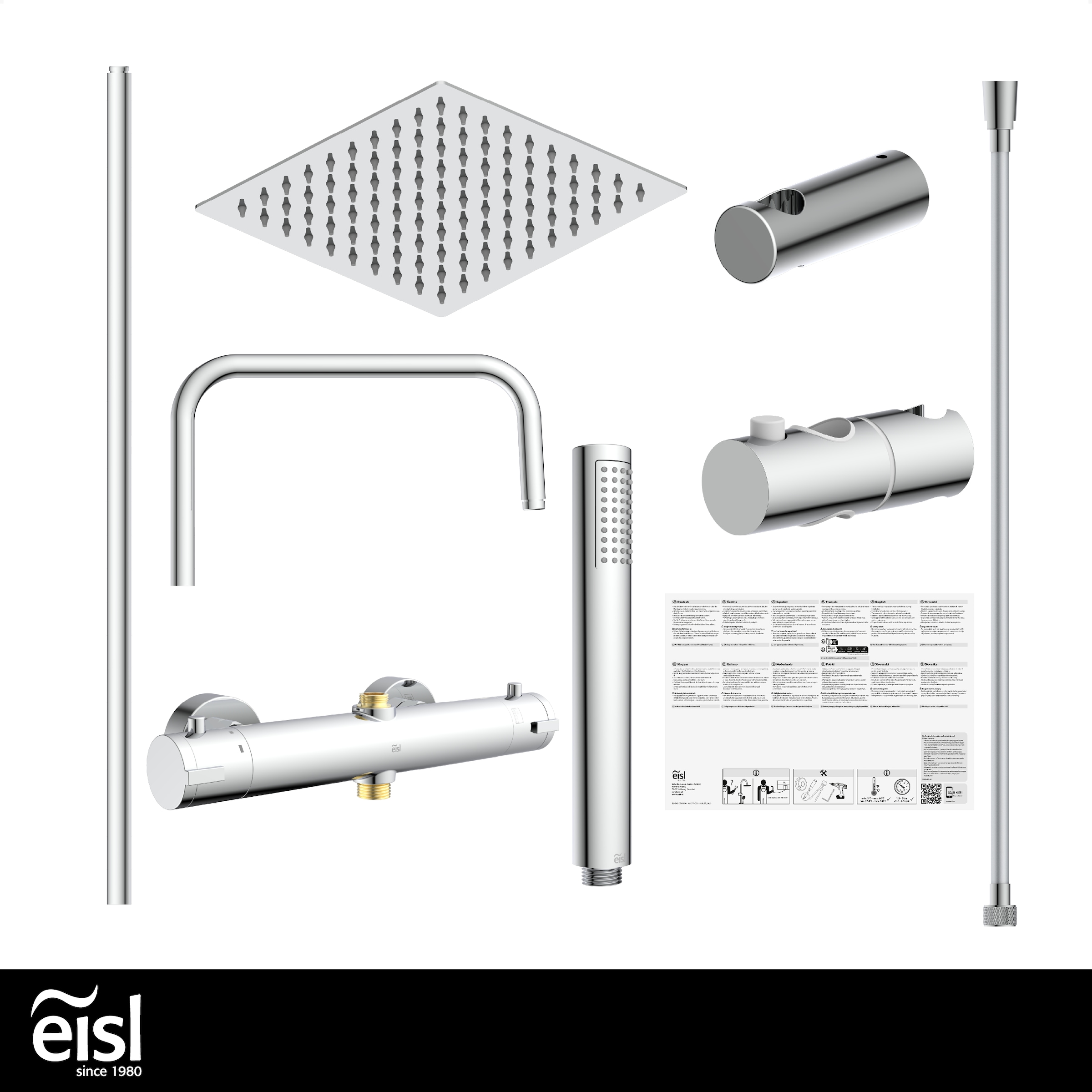 Eisl Brausegarnitur »SHOWERSTAR« Komplett-Set,  Regendusche 20x20cm, Umsteller, Antikalk, höhenverstellbar, Thermostat