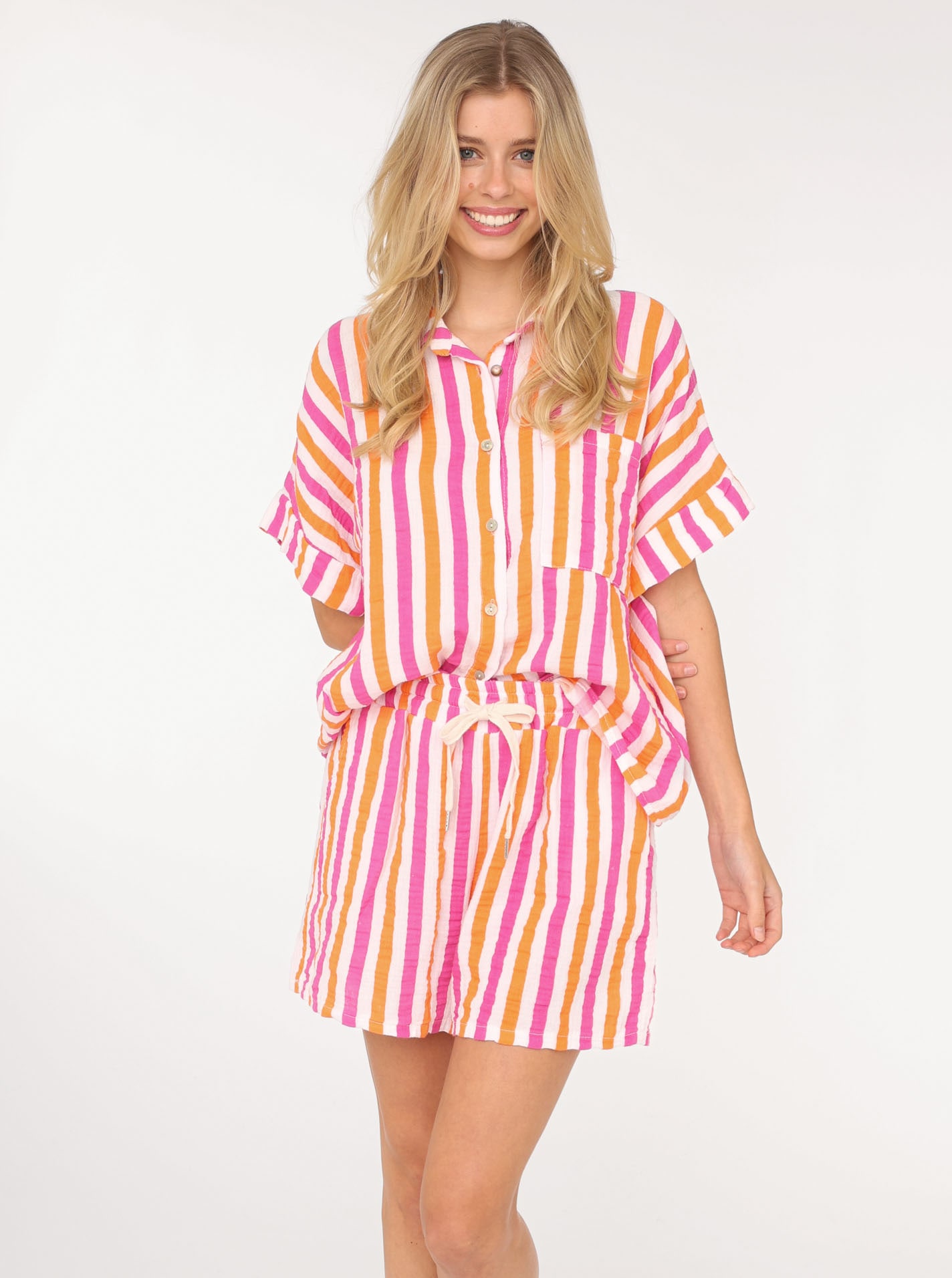 ZWILLINGSHERZ Damen Hemdbluse ""Streifen"", orange, gestreift, Obermaterial: 100% Baumwolle, Blusen, Kurzarm, gestreift, Knopfleiste, Hose mit