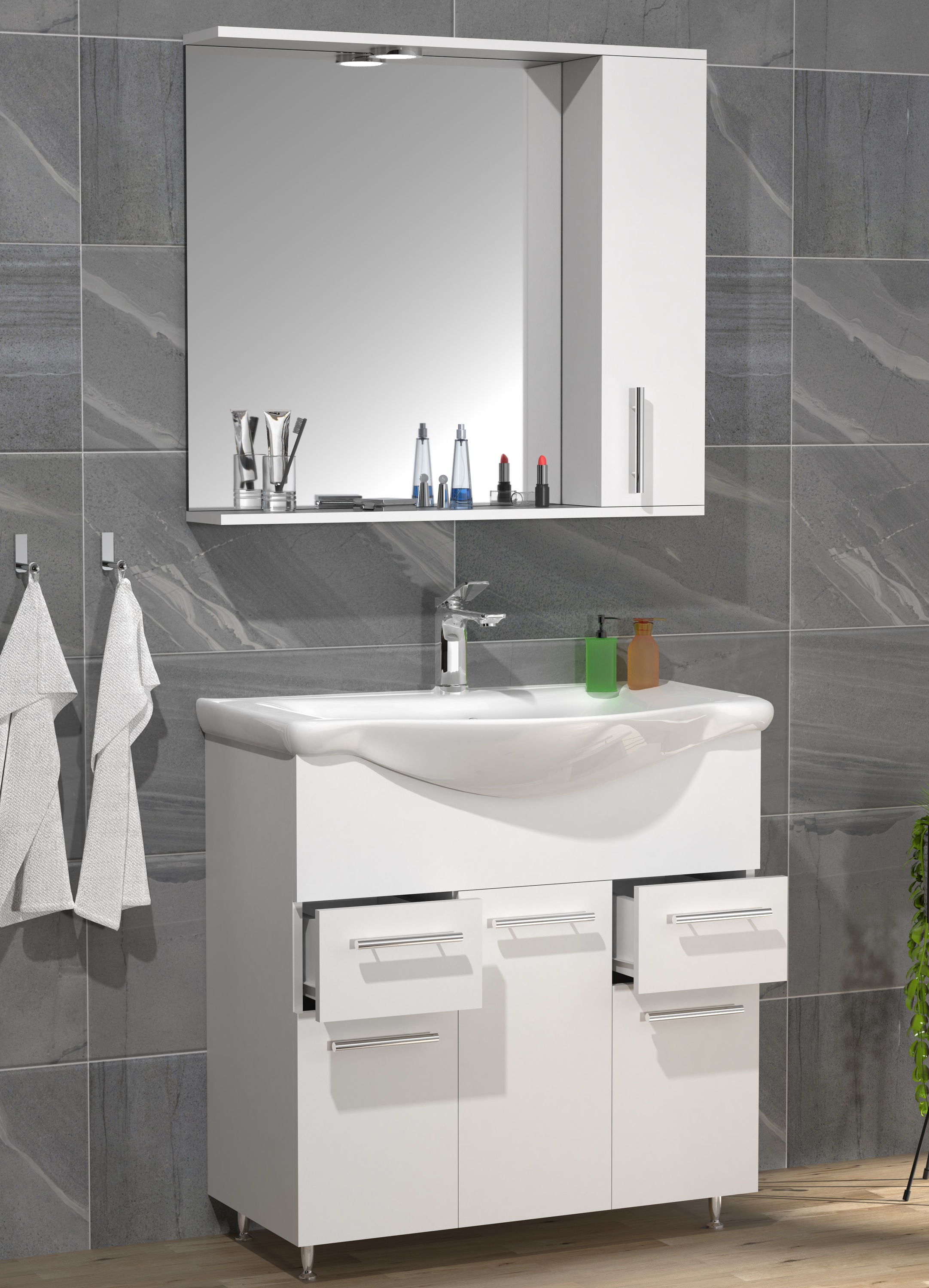 VCM Waschbeckenunterschrank »VCM 3-tlg. Waschplatz Waschtisch Badmöbel Set Waschbecken Schubladen Drehtüren Spiegelschrank Lisalo XL«, (3 St.)