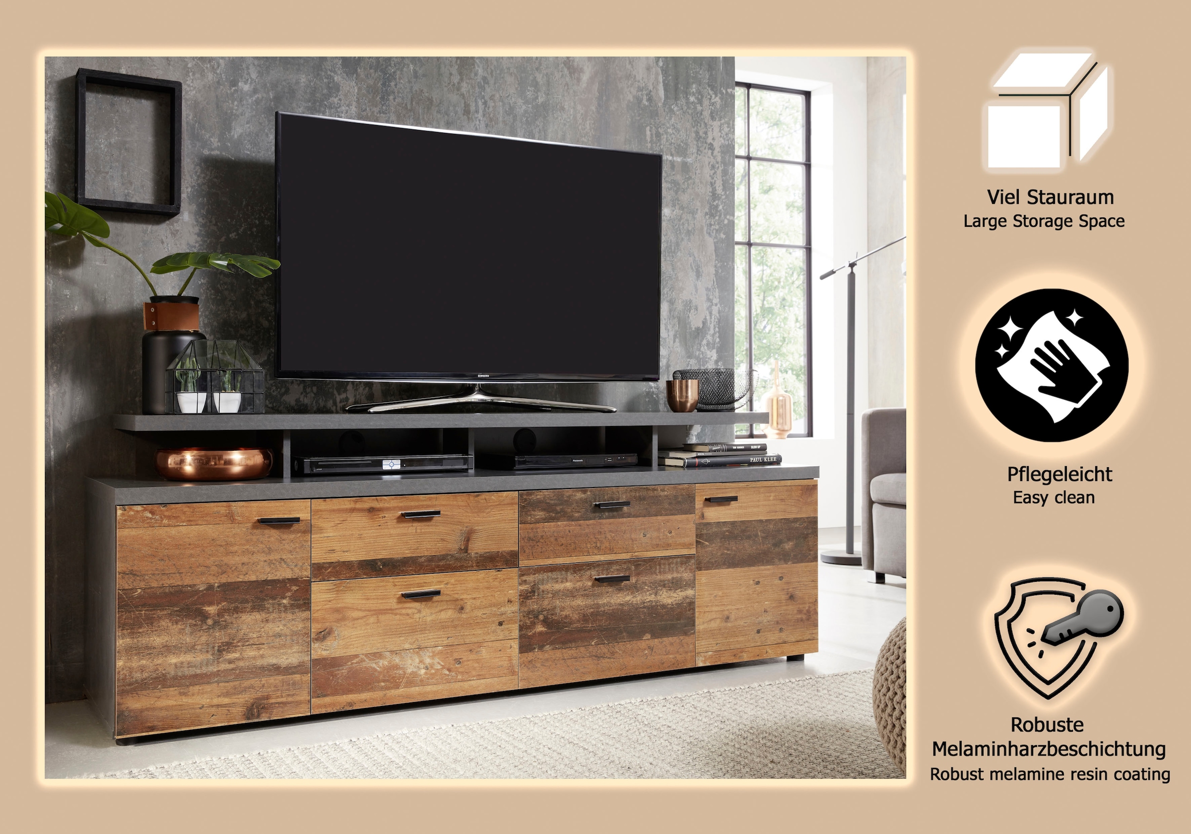 INOSIGN TV-Board »Messina«, (1 St.), TV-Lowboard mit Türen, Schubladen & Fächern - (B/T/H) 180/47/66 cm