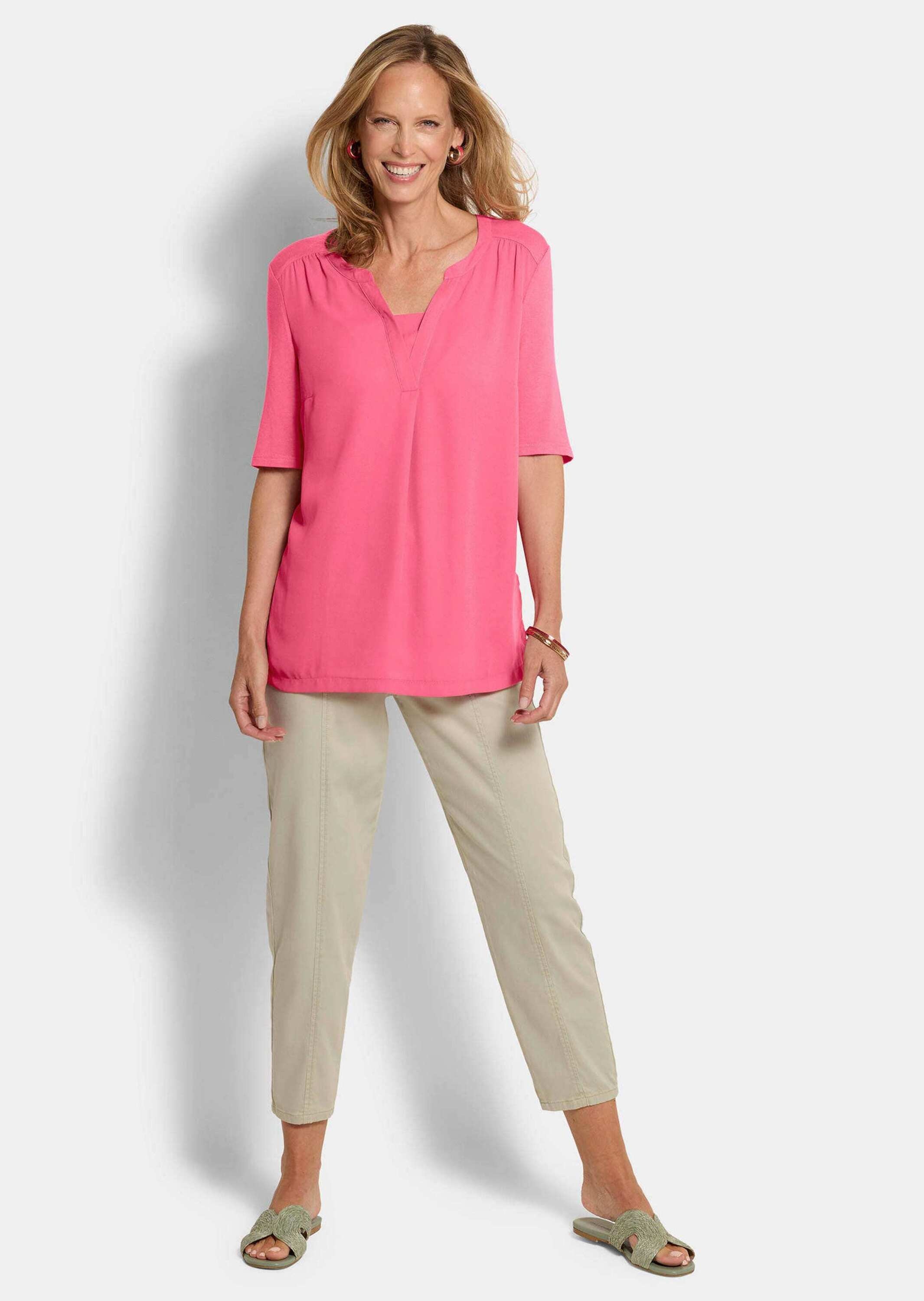 GOLDNER Kurzarmbluse "Kurzgröße Chiffonbluse mit Jersey-Rückteil" Gekräusel günstig online kaufen