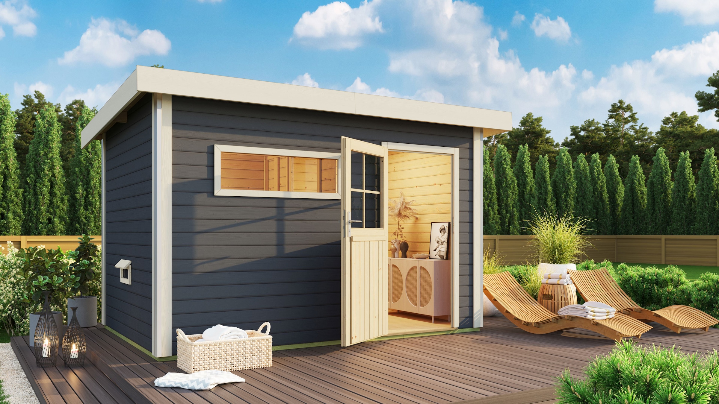 KARIBU Saunahaus "»Simon 3« mit klassischer Tür, terragrau", Saunaofen, externe Steuerung, (ohne Ofen), grau, Garten, Saunen