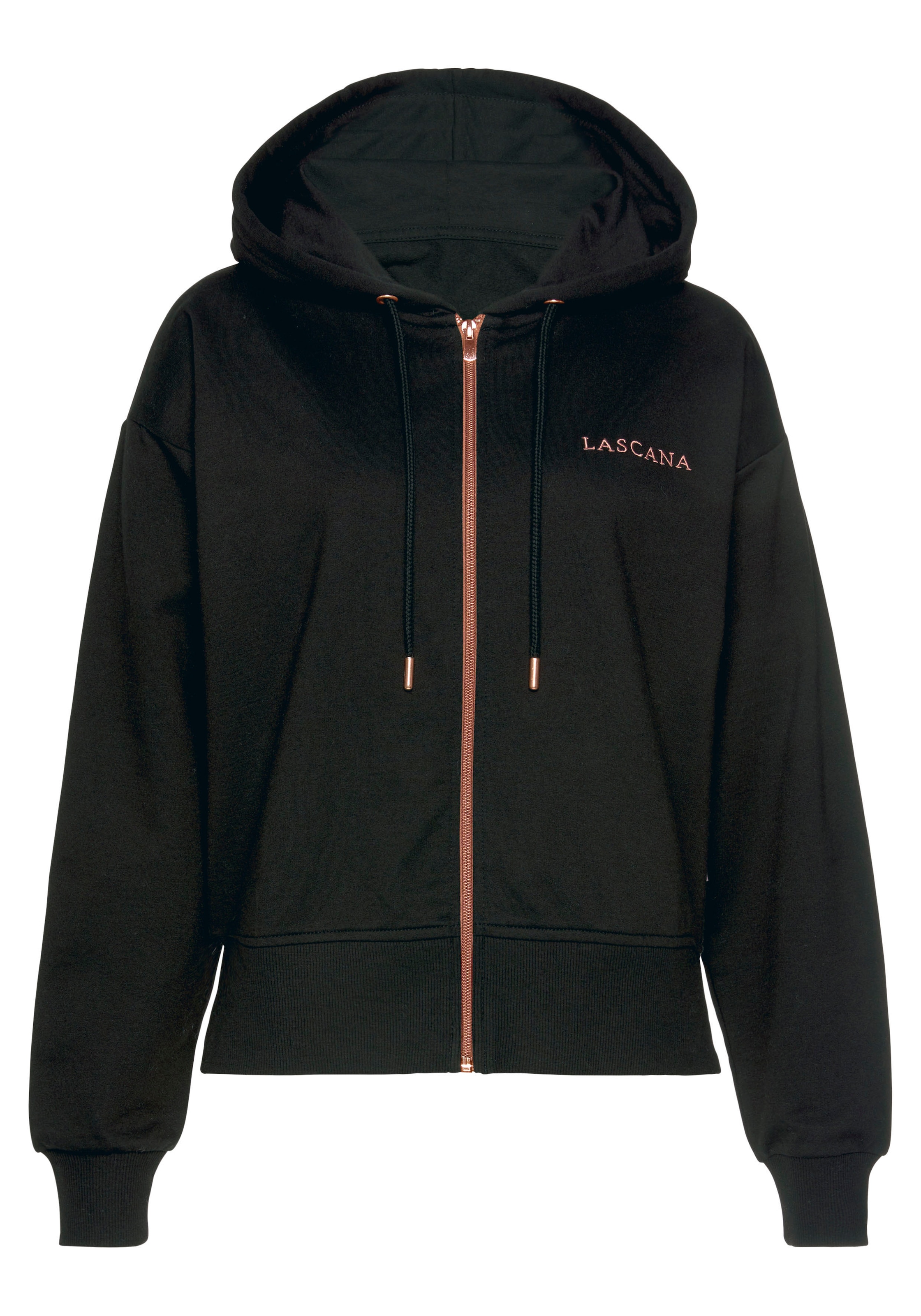 LASCANA Kapuzensweatjacke, mit kupferfarbenen Reißverschluss und Logosticke günstig online kaufen