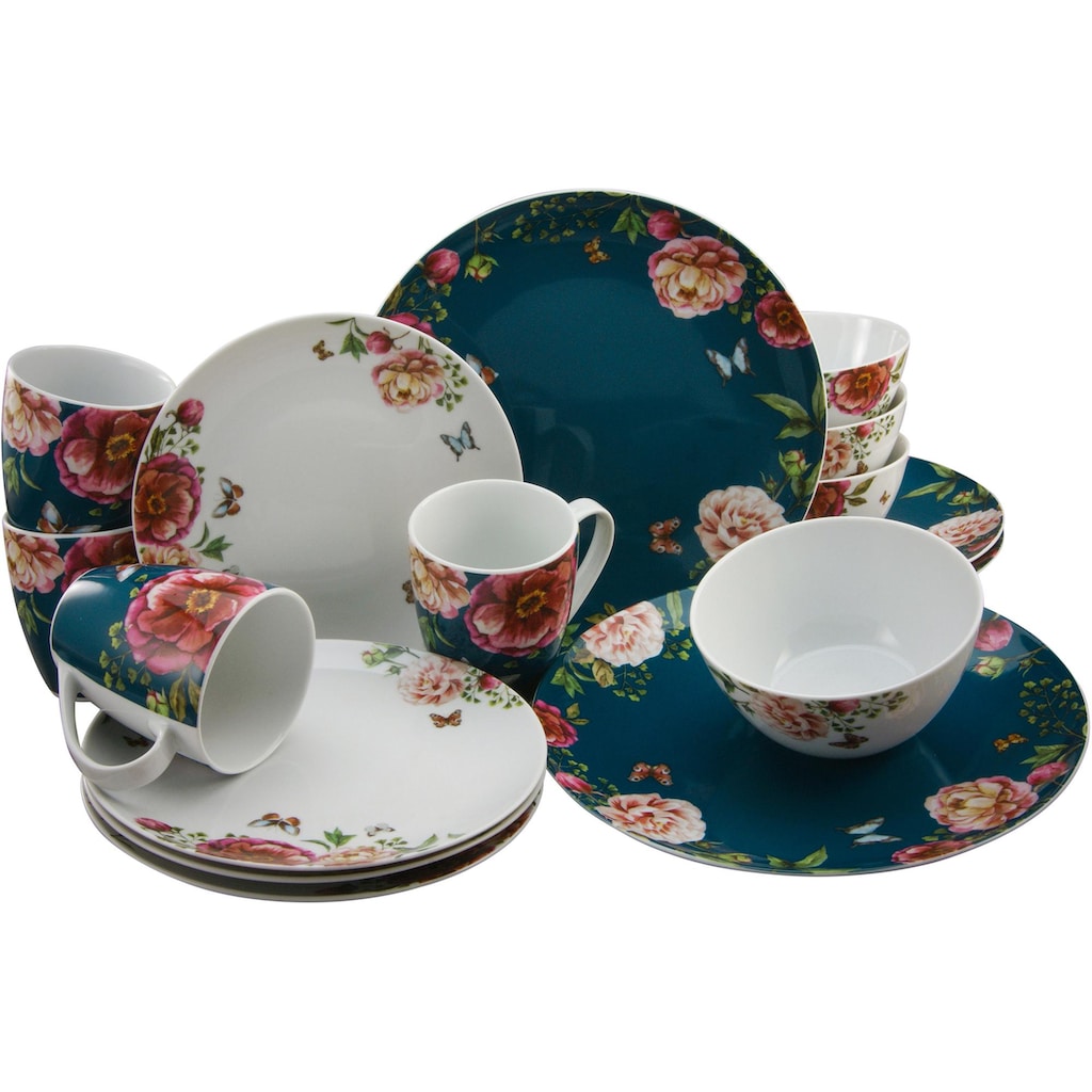 CreaTable Kombiservice »Geschirr-Set Enjoy Roses«, (Set, 16 tlg., Kaffeeservice und Tafelservice im Set, für 4 Personen)