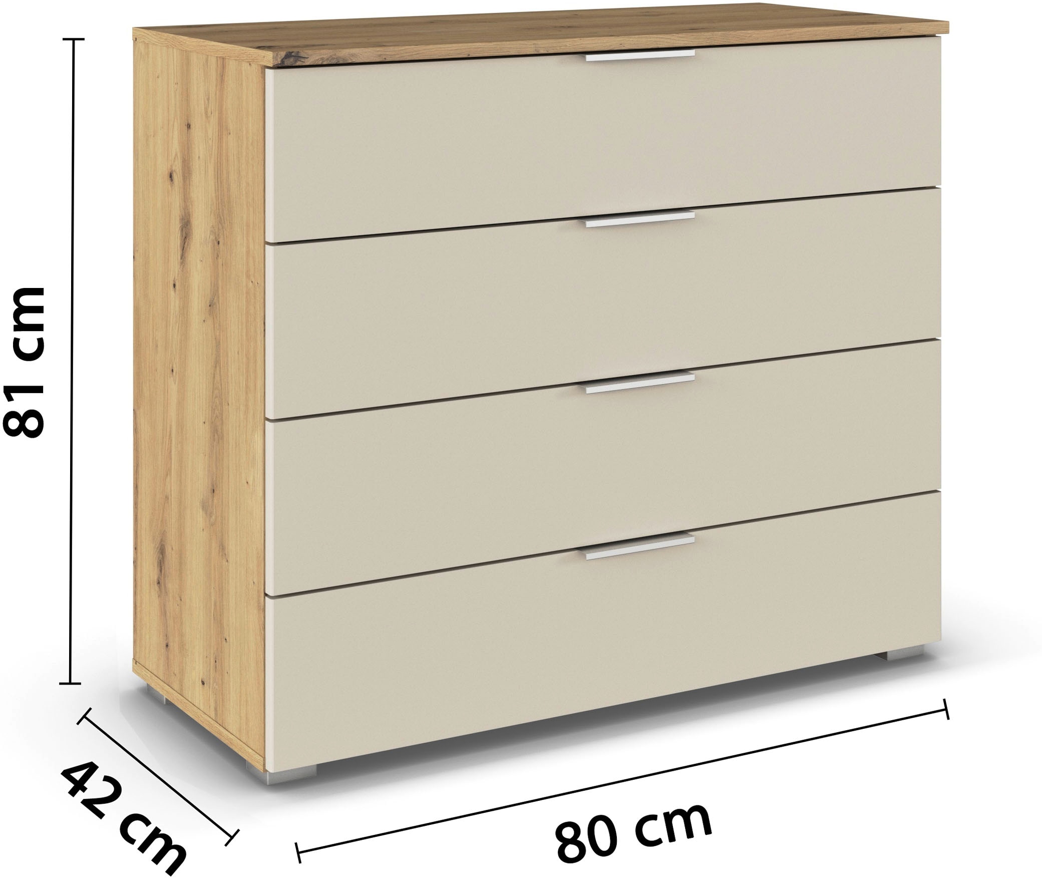 rauch Schubkastenkommode »Sideboard Schubladenkommode AGORDO mit Dekor- oder Hochglanzfront«, (in zwei Griff-Farben, Breite 80 cm inkl. Soft-Close-Funktion), vier große und geräumige Schubladen mit viel Stauraum MADE IN GERMANY