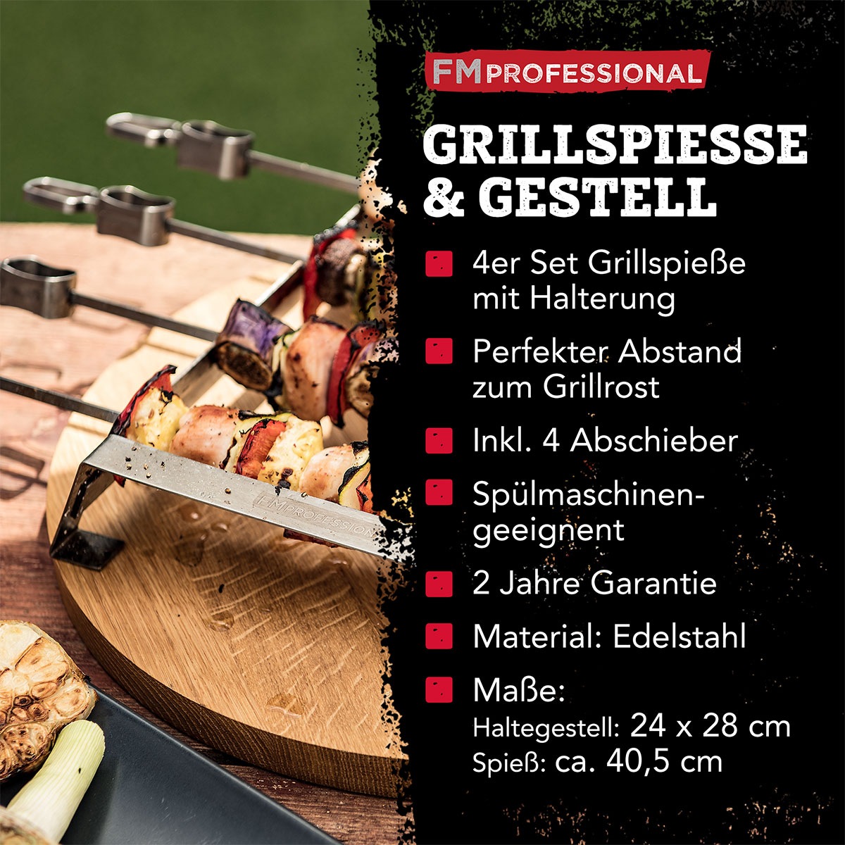 FMprofessional Grillspieß »Grill-Spieße mit Halterung aus Edelstahl - Inklusive Abstreifer« 4 XXL Spieße mit Halter für den Grill – Zubehör für Schaschlik & Co