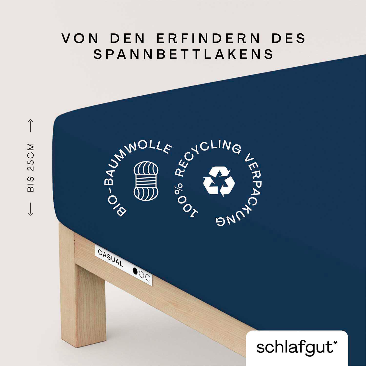 Schlafgut Spannbettlaken "CASUAL Bettlaken 100% gekämmte Bio-Baumwolle, 150 g/m², Spannbetttuch" Bettlaken bis 25 cm Höhe, langlebig, weich, Antipilling-Ausrüstung
