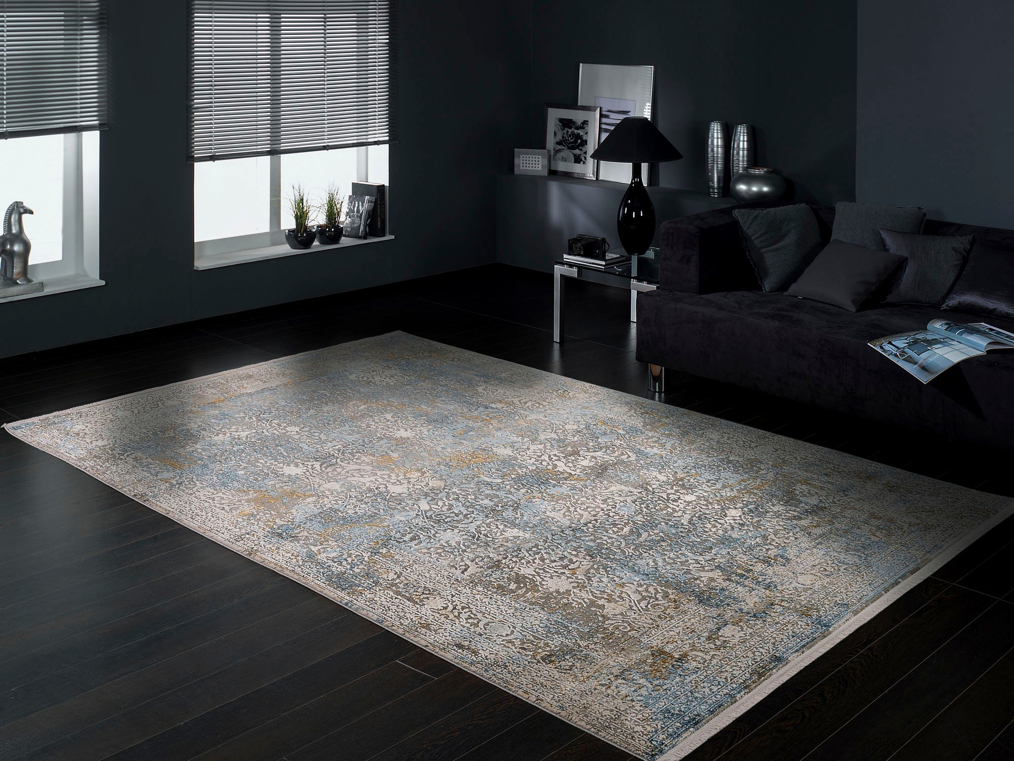 Teppich OCI DIE TEPPICHMARKE "BESTELLER CAVA", blau, B:240cm H:8mm L:300cm, Viskose, Teppiche, Teppich, Glanz Viskose, mit Fransen, Hoch Tief Struktur, Vintage, Wohnzimmer