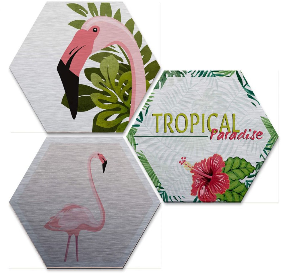 Wall-Art Mehrteilige Bilder "Silbereffekt Flamingo Set", Grundriss, (Set, 3 St.), Metallschild Collage