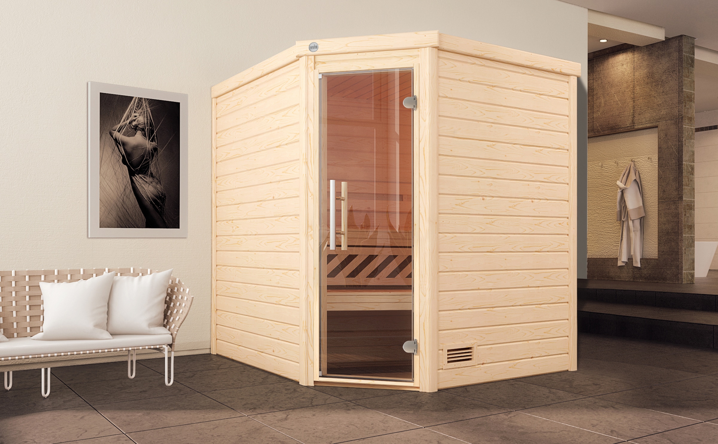 weka Sauna »Massivholzsauna TURKU 2«, Blockbohlen, moderne Ganzglastür