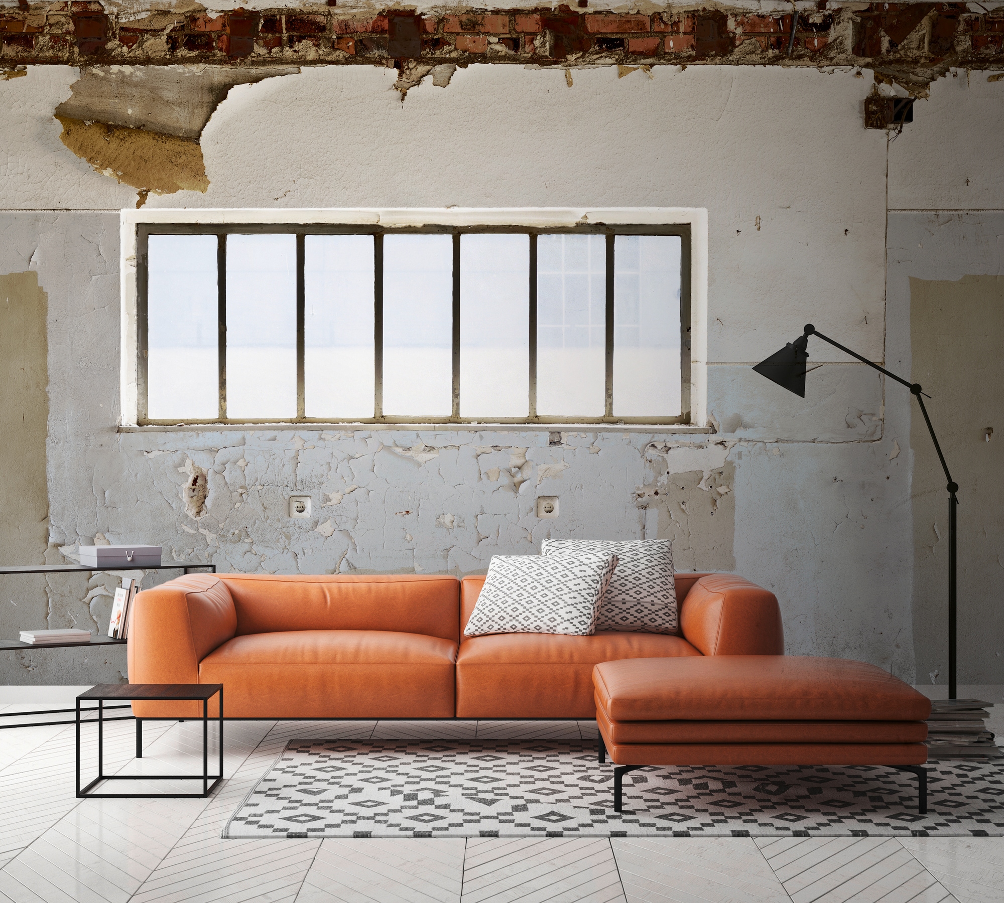 living walls "Fototapete Industriehalle" gemustert matt neutral glatt Tapete Steinoptik Lost Industrial Tapeten Wohnzimmer Schlafzimmer Flur