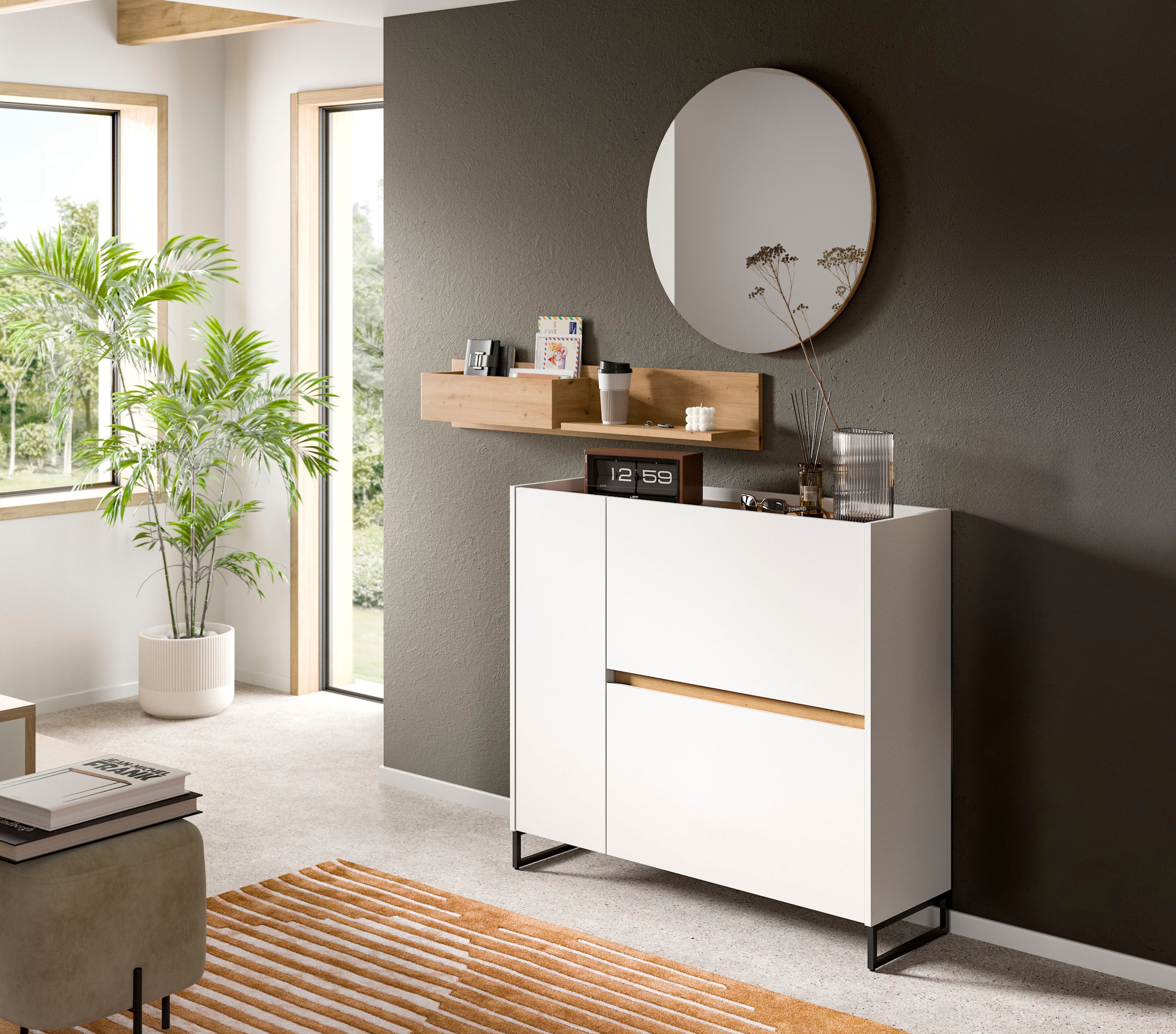 INOSIGN Schuhschrank »EVRID, Breite 110cm, 1 Tür, 2 Schuhwalzen, inkl. Metall-Kufenfüße«, (1 St., individuell mit anderen Artikel der Serie EVRID erweiterbar), Schuhkommode, Kommode, Sideboard, Garderobenschrank, Flurkommode
