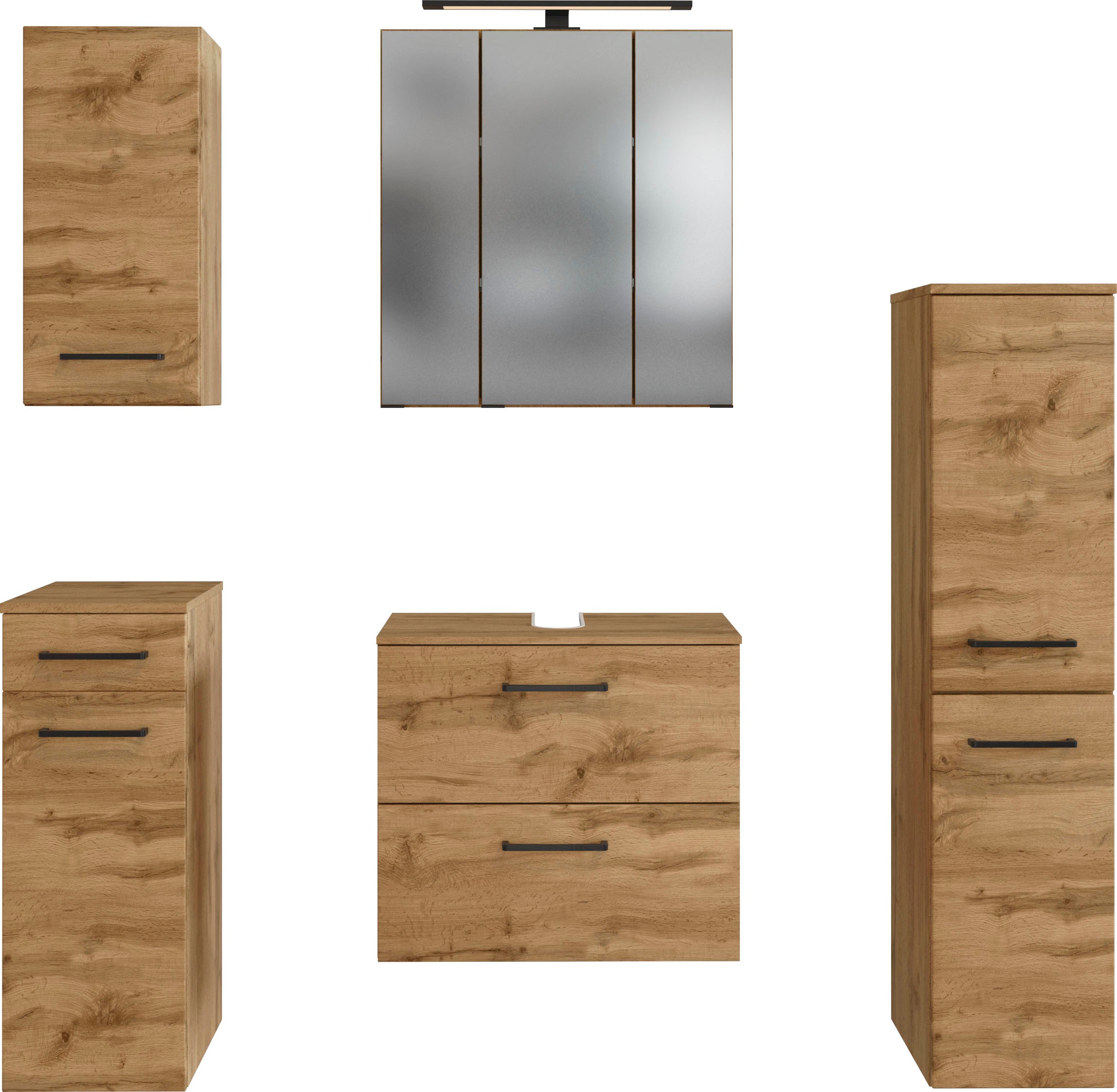 welltime Badmöbel-Set »Chicago«, (5 St., Spiegelschrank, Unterbeckenschrank, Hängeschrank, Unterschrank etc.)