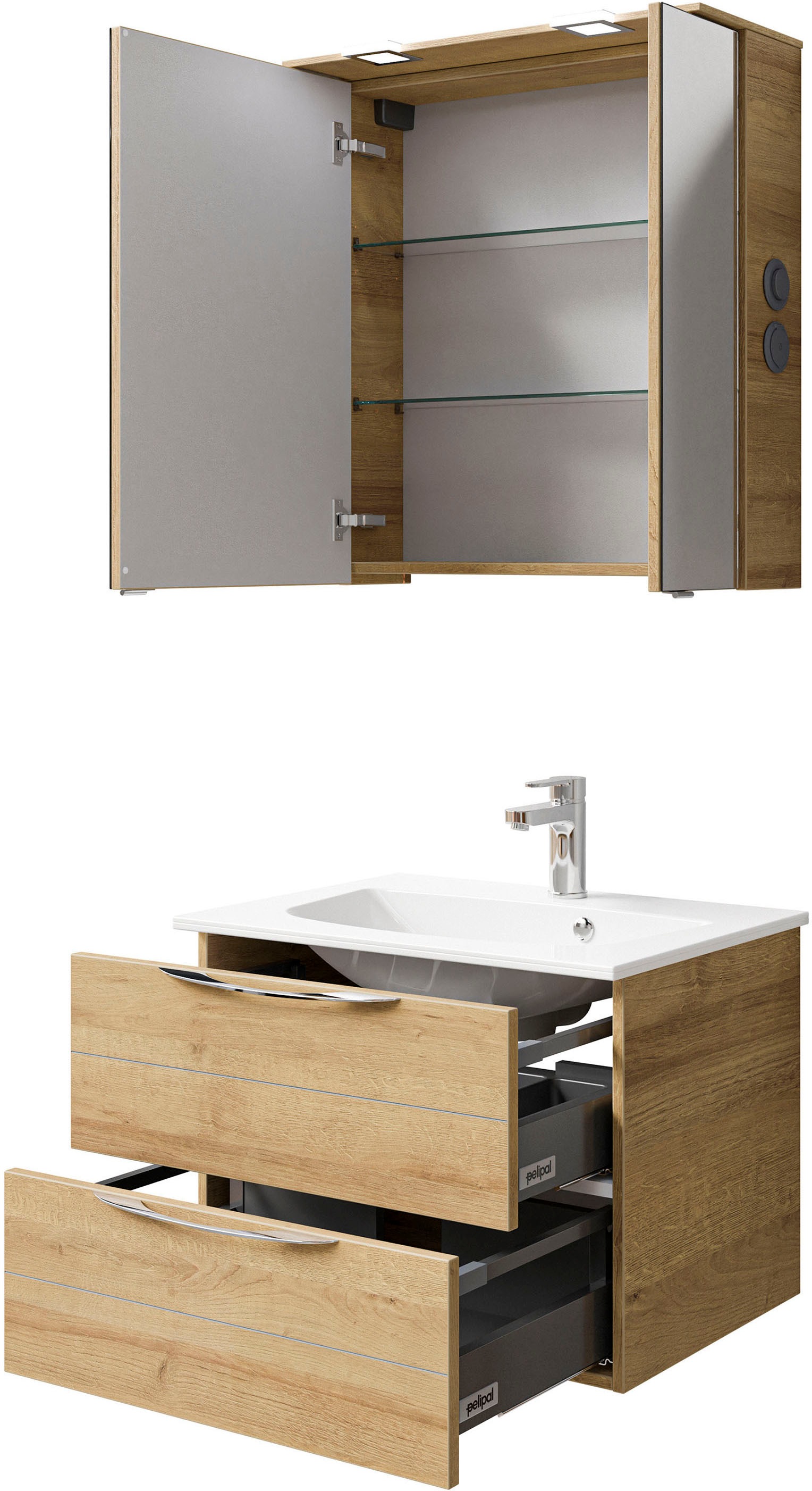 Saphir Badmöbel-Set »Serie 6025 2-teilig Mineralmarmor-Waschtisch mit LED-Spiegelschrank«, (2 St.), Waschplatz 67 cm breit, 2 Schubladen, 2 Spiegel-Türen, inkl Türdämpfer