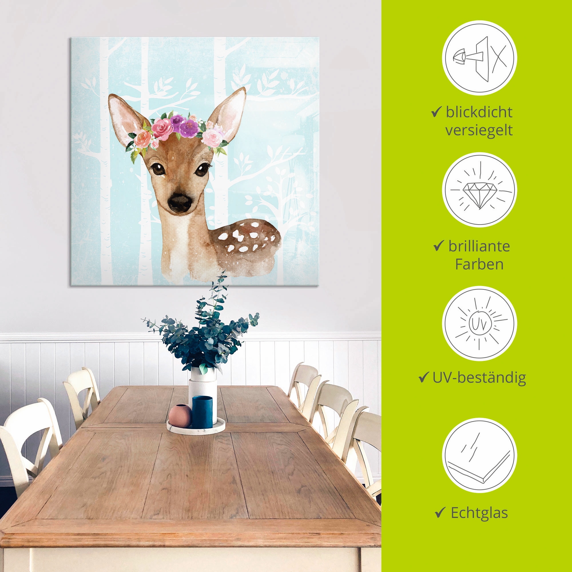 Artland Glasbild »Wild Reh mit Blumen im blauen Wald«, Tiere, (1 St.), in verschiedenen Größen