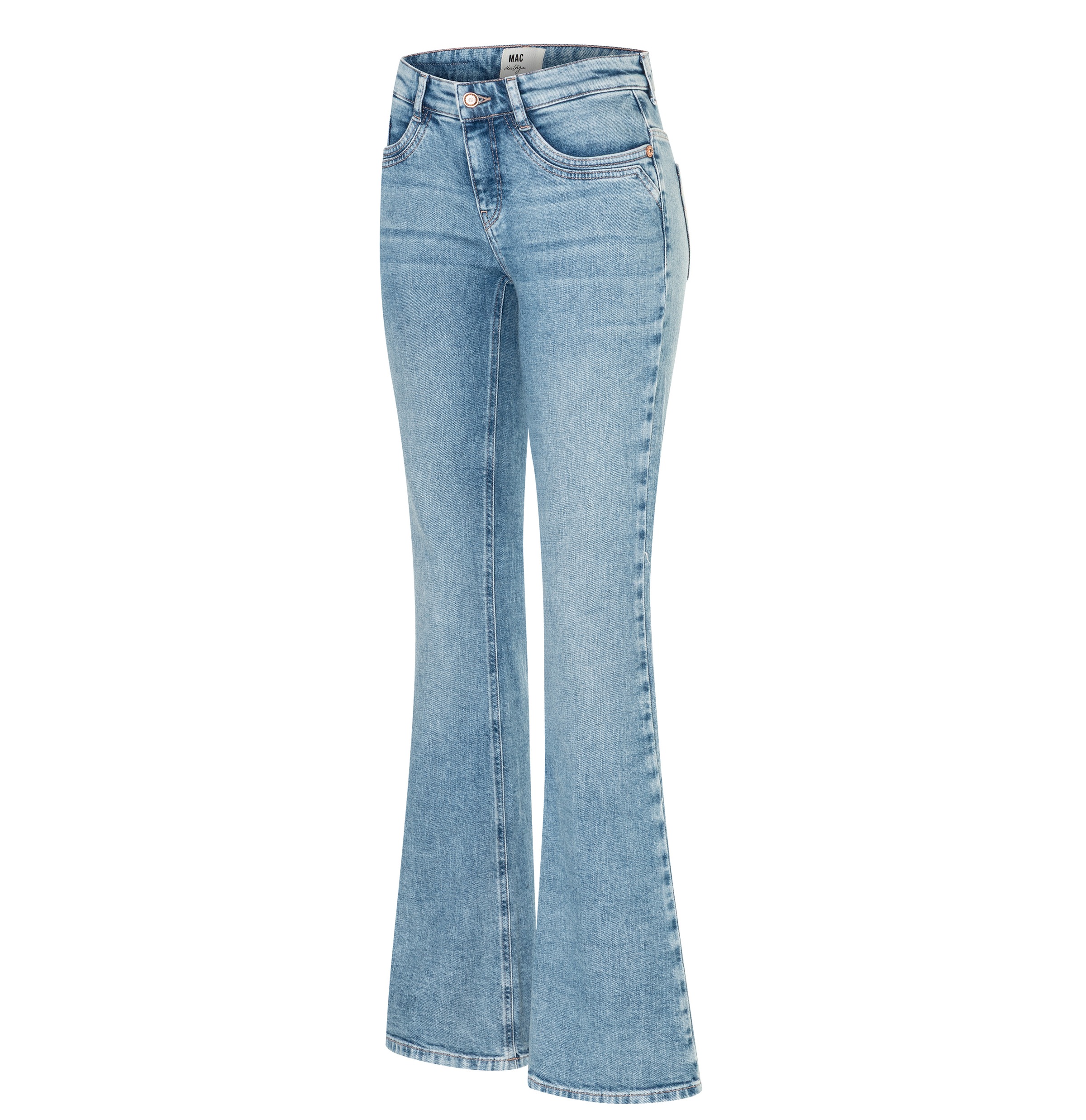 Bootcut-Jeans MAC "DETROIT flared", Damen, Gr. 40, Länge 32, 90`s cool wash, Denim/Jeans, Obermaterial: 99% Baumwolle, 1% Elasthan, bootcut fit lang, Jeans, Aufwendig gearbeitete Details an den Vordertaschen 3
