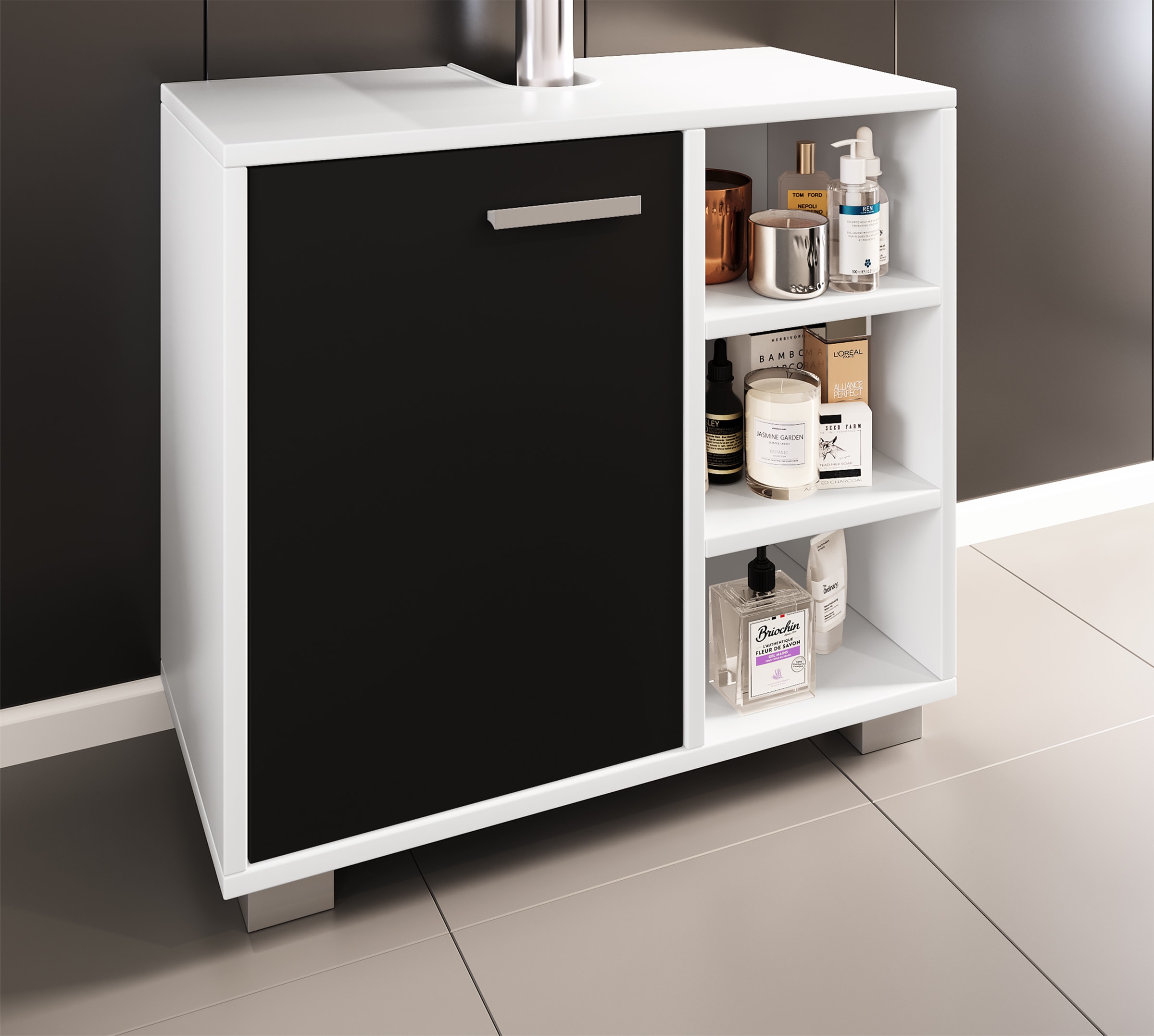 VCM Waschbeckenunterschrank »VCM Holz Waschbeckenunterschrank | Badschrank | Maße: H. 58 x B. 60 x T. 30 cm | 1 Drehtür | 3 kleine offene Regalfächer - Zalo L«, (1 St.)