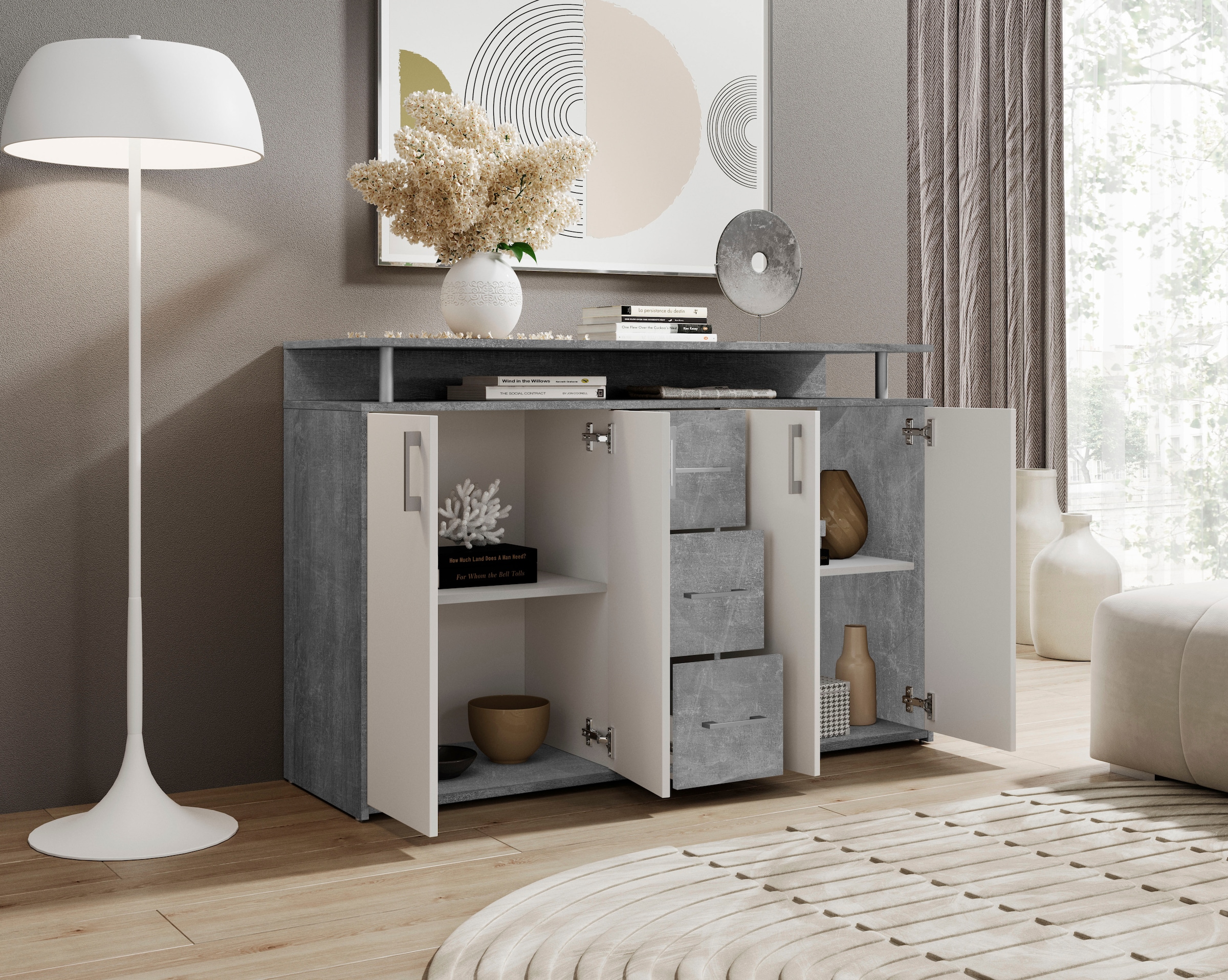 HBZ Sideboard »Drivno Sideboard, B/H/T 139x90x34 cm«, Breite 139cm, Kugelauszug, Einlegeböden verstellbar, 3 Schubkästen