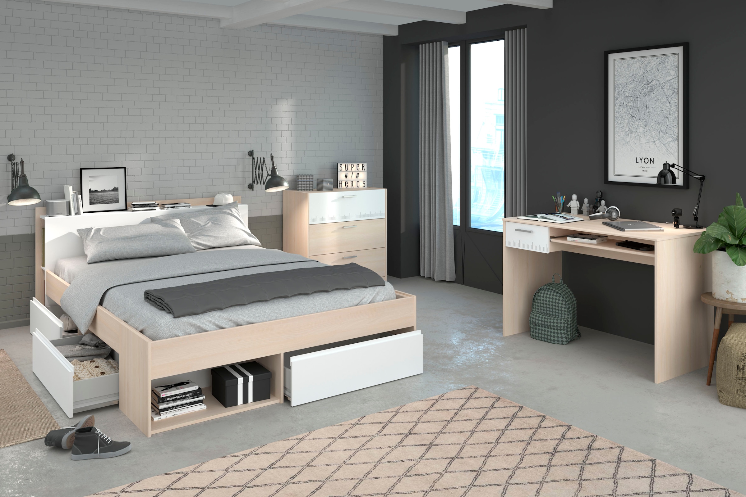 Jugendzimmer-Set mit Bett »Most«, BAUR Parisot | St., Kleiderschrank, Schubkästen, Schubkastenkommode) 4 Schreibtisch, (Set,