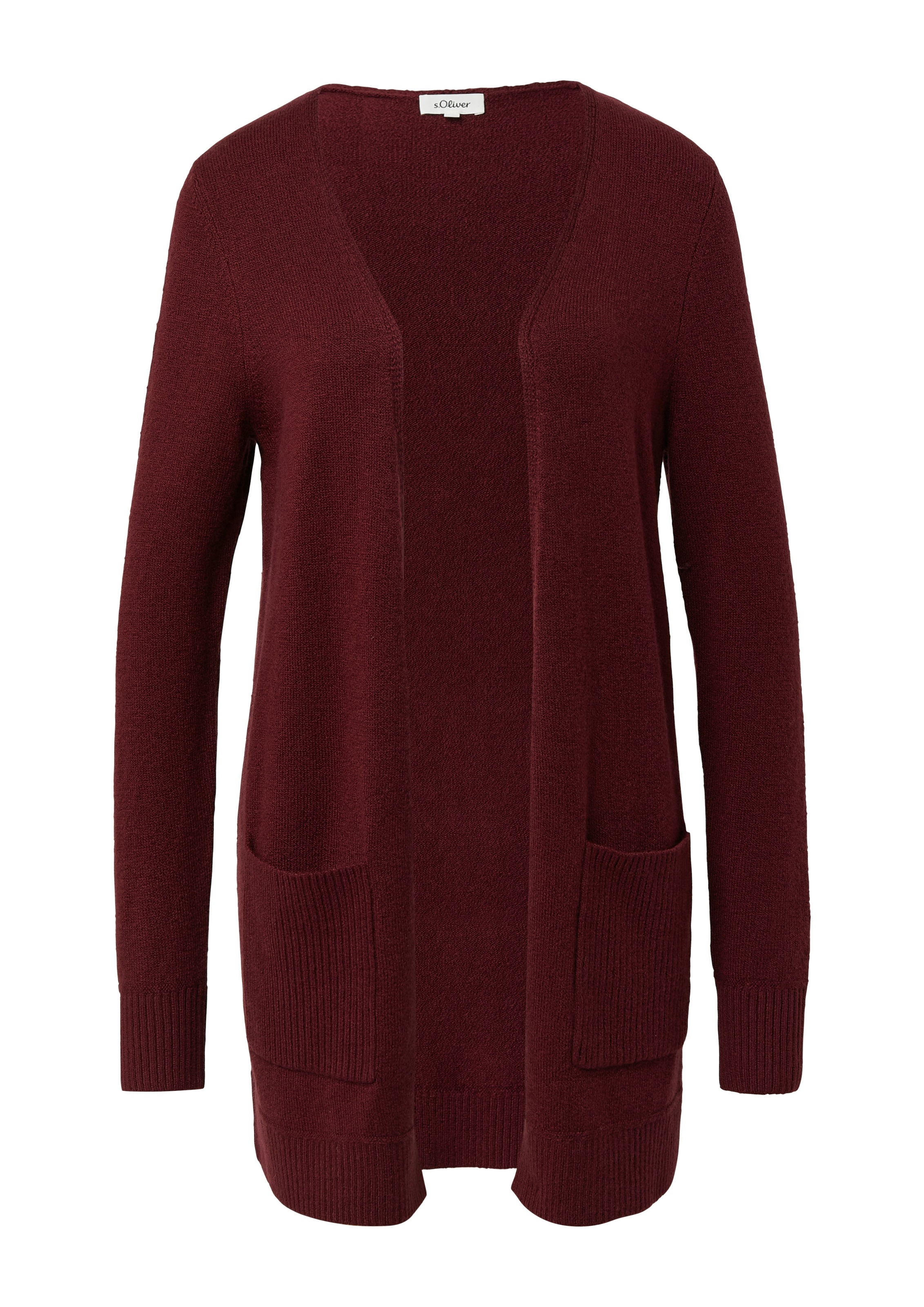 Strickjacke S.OLIVER, Damen, Gr. 46, rot (dunkelrot), Strick, Obermaterial: 50% Baumwolle, 25% Polyamid, 14% Polyacryl, 8% Wolle, 3% Elasthan, unifarben, regular fit ca. Mitte Oberschenkel, Rundhals, Rippbündchen, Strickjacken Strickjacke, mit aufgesetzte 2