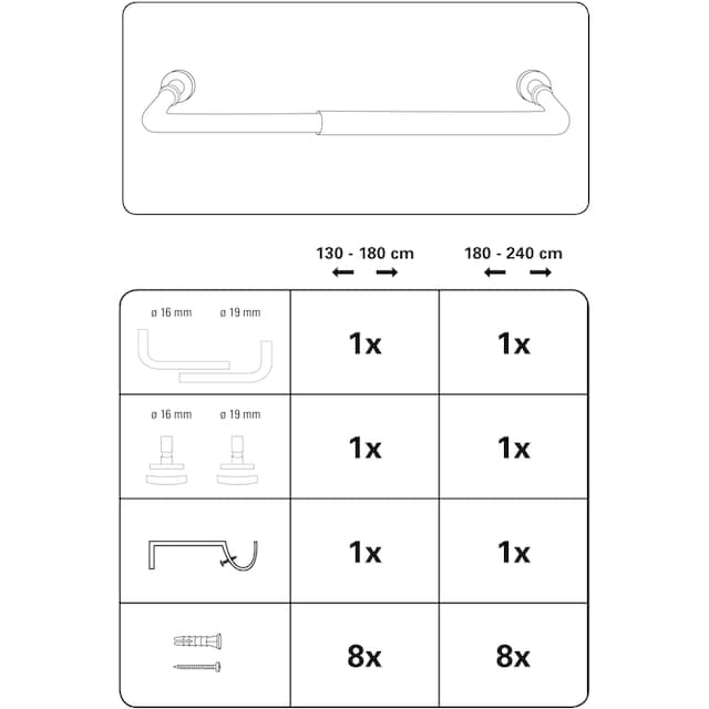 GARDINIA Gardinenstange »Gardinenstangen Set Lisa 1-Lauf mit Bogen Ø 19 mm«,  1 läufig-läufig, Fixmaß, 1-Lauf mit Bogen | BAUR