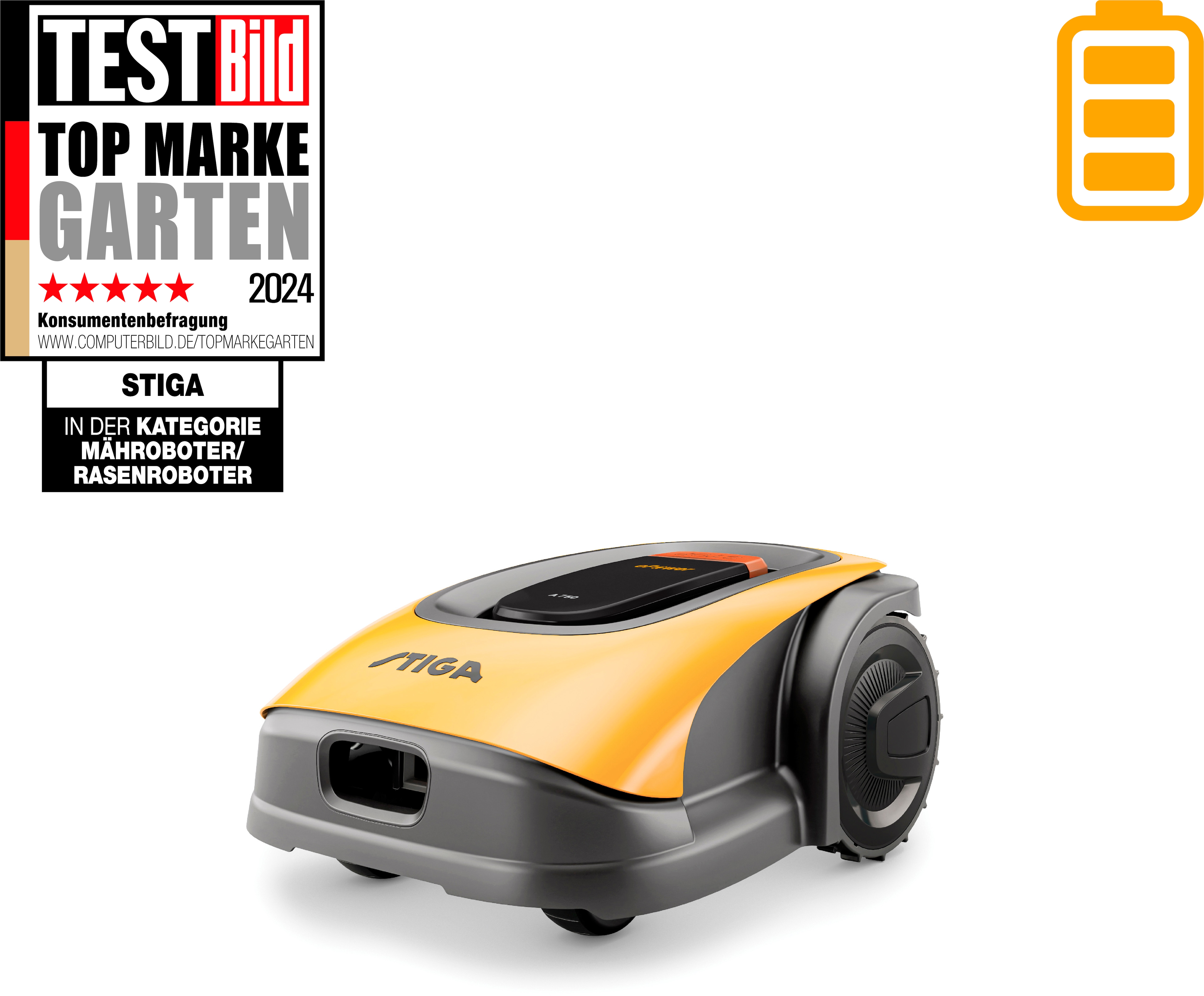 Rasenmähroboter STIGA GARDEN, B:40,5cm H:24,5cm T:54,5cm, gelb, Rasenmähroboter, "»A 750«", kabellos, kostenlose Konnektivität
