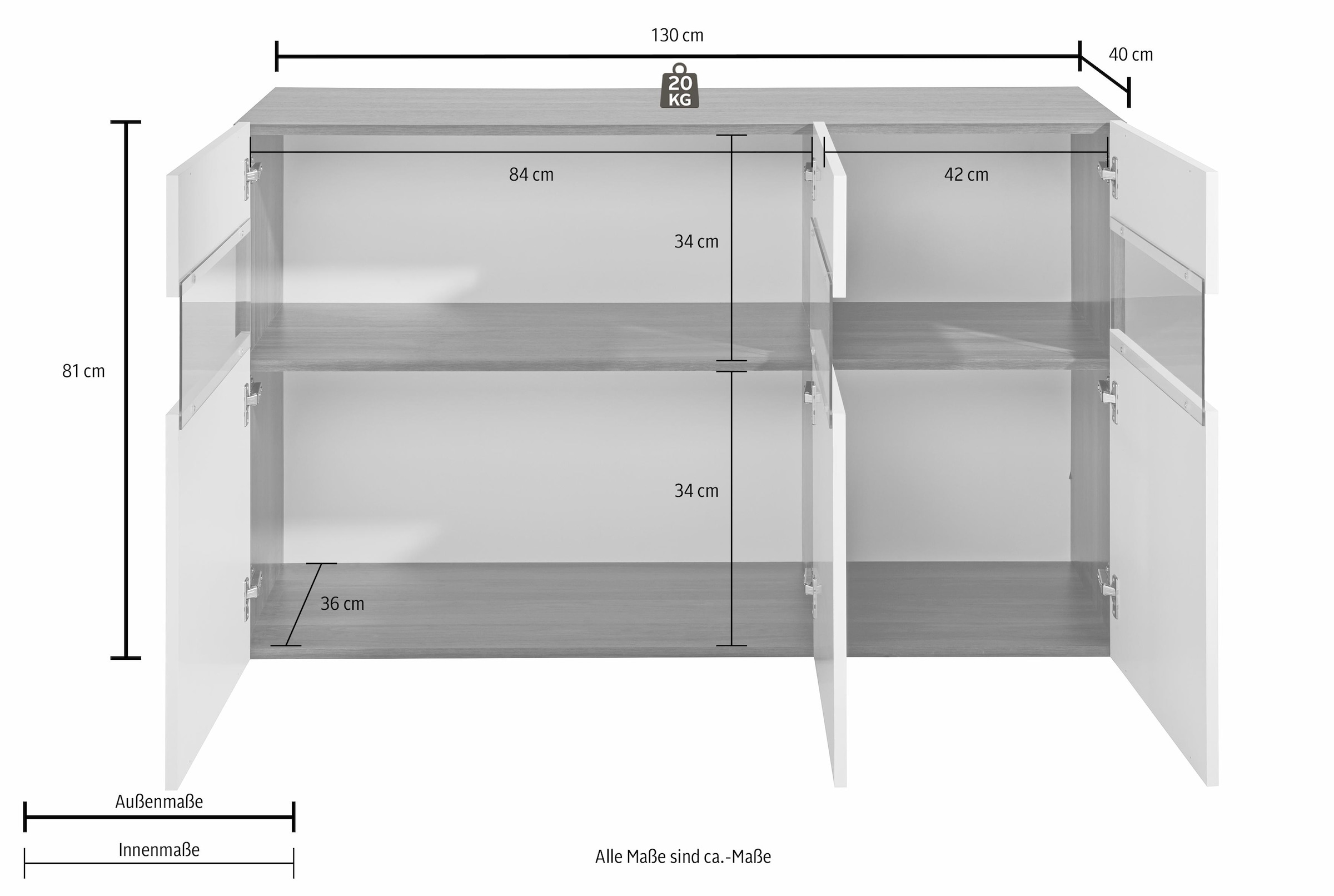 INOSIGN Sideboard, Kommode mit 3 Türen, Breite 130 cm, ohne Beleuchtung