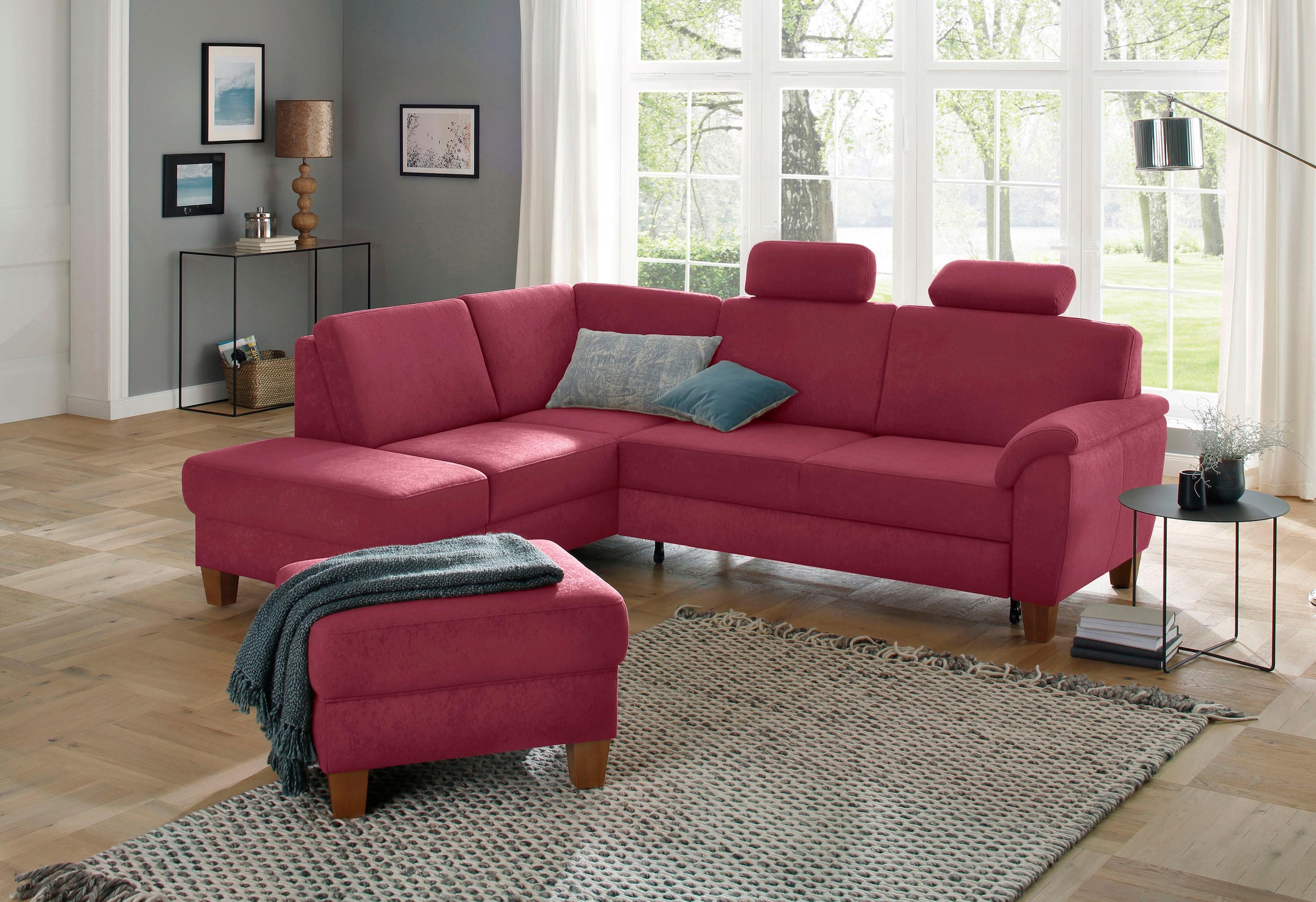 OTTO home Ecksofa "Alta L-Form" mit Federkern und Kontrastnaht, Füße Buche eichefarben