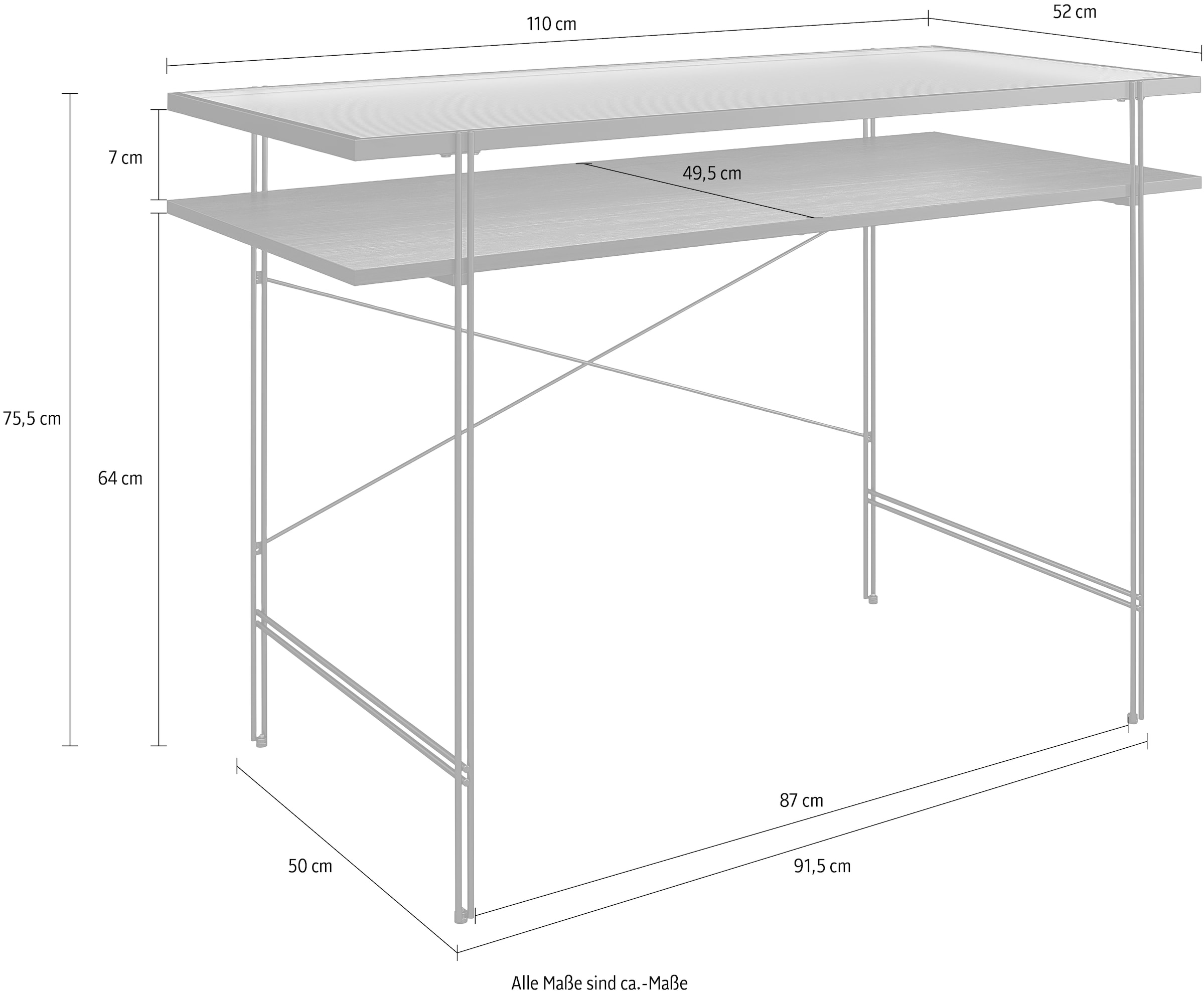 Dorel Home Schreibtisch »Wainwright«, (1 St.), Tischplatte aus Glas, Gestell aus Metall, Breite 110 cm