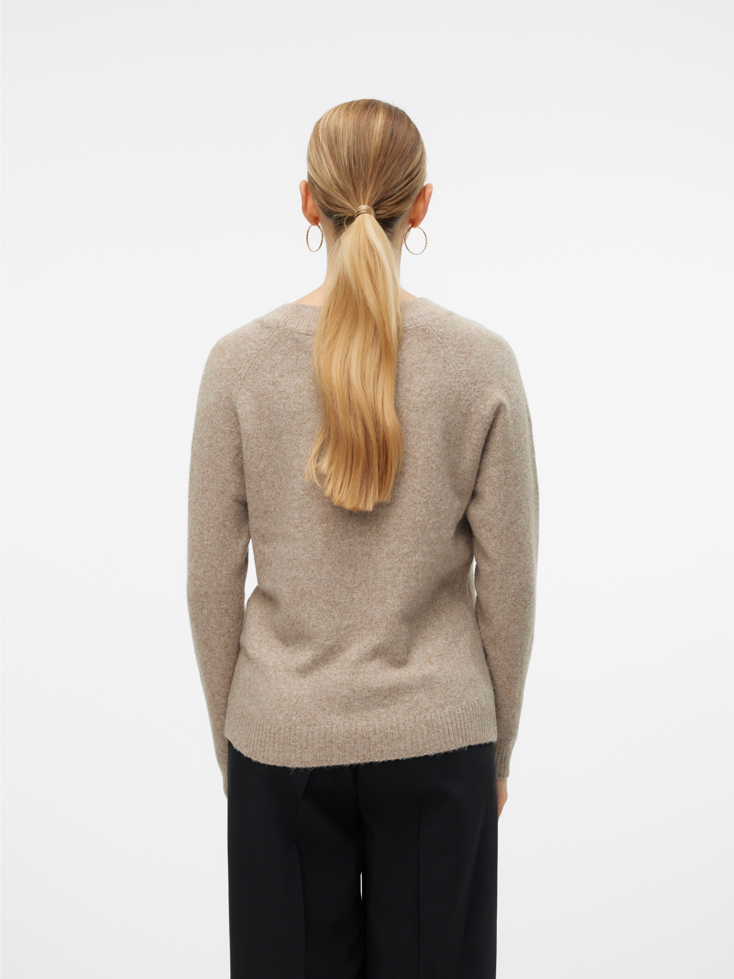 Rundhalspullover VERO MODA "VMDOFFY", Damen, Gr. XL, beige (sepia tint melange), Strick, Obermaterial: 94% Polyester, 3% Elasthan, 3% Nylon, Basic, figurumspielend hüftlang, Rundhals, Raglanärmel Rippstrickbündchen, Pullover Rundhalspullover, in melierter 3