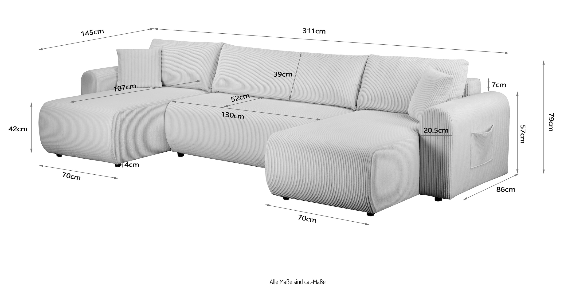 OTTO home Wohnlandschaft »JONAA, 311 cm, U-Form, Schlafsofa, Boxspringfederung, Dauerschläfer« 133/270cm, Bettkasten, Seitentaschen, Cord und Struktur