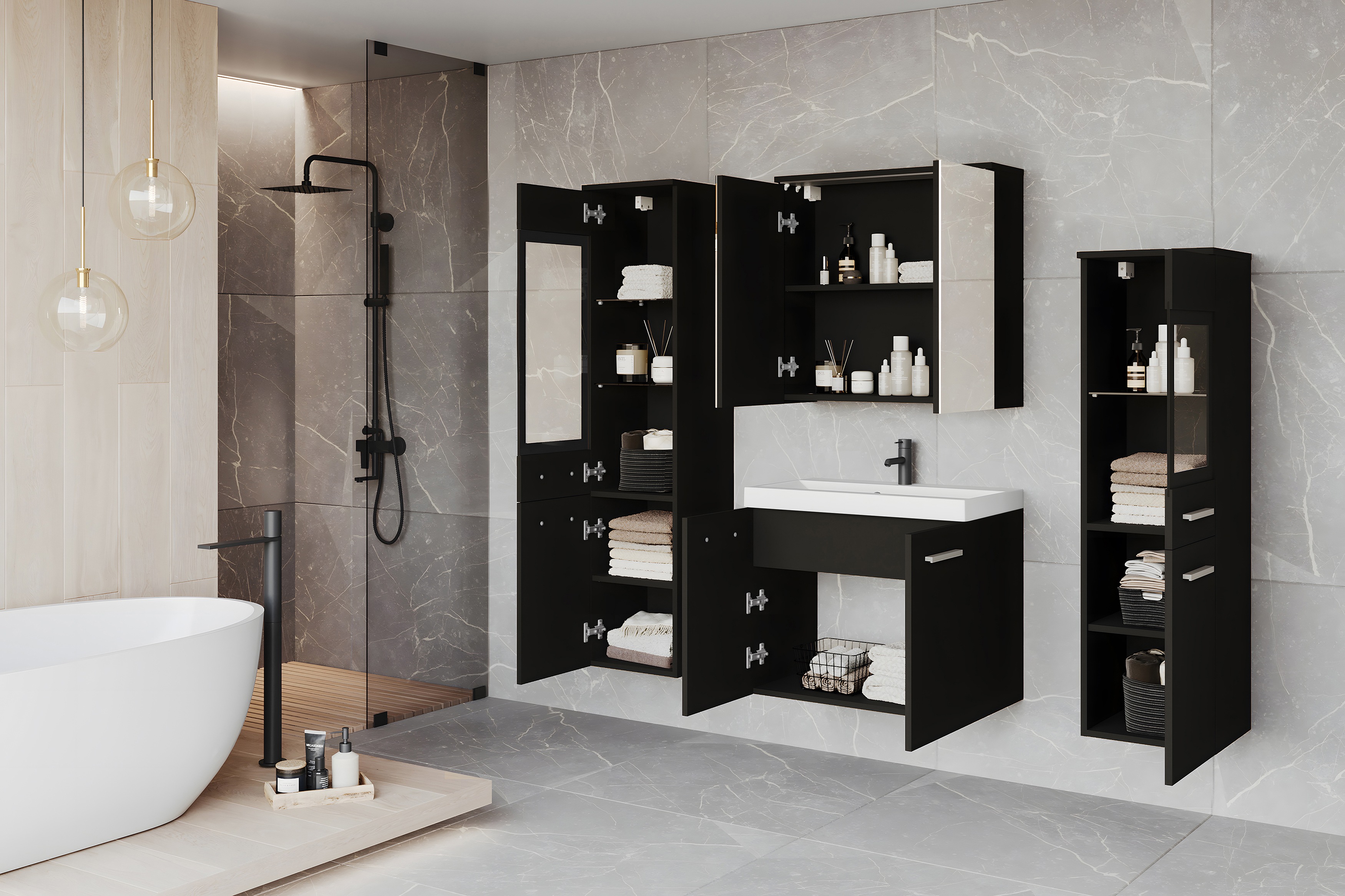 Thumbnail - welltime Badmöbel-Set "MADRIT II, Schrank mit Waschbecken, 2 Hänger, Spiegelschrank" Komplett-Set, 5 Stk. tlg.