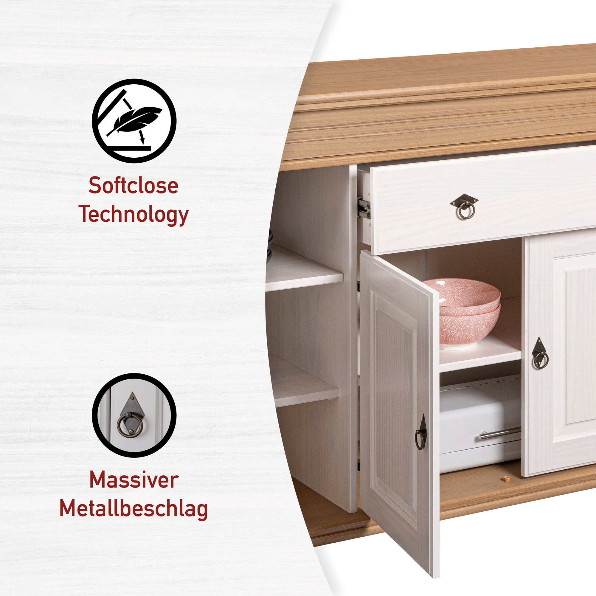 Inter Link Sideboard »Halmaro, Kiefer Massivholz, Soft-close, 181 x 46 x 100 cm, Stauraum« 1 Stk. tlg. Kommode in Weiss, Braun/Oak, Landhausstil, 4 Türen, 1 Schublade