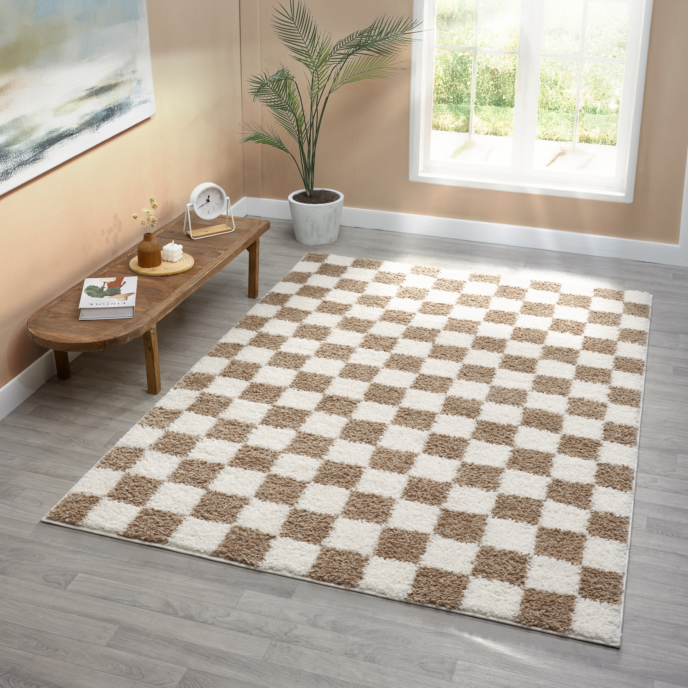 OTTO home Hochflor-Teppich »Kiiki«, rechteckig, 30 mm Höhe, Kariert, auffälliges Schachbrettmuster, Wohnzimmer, Schlafzimmer