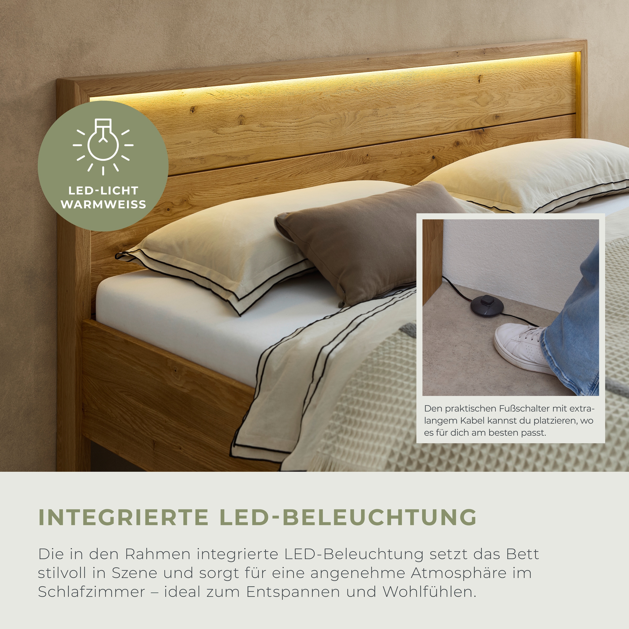 Home affaire Massivholzbett »Ambroise aus Wildeiche« inkl. LED-Beleuchtung, wahlweise auch in Überlänge erhältlich