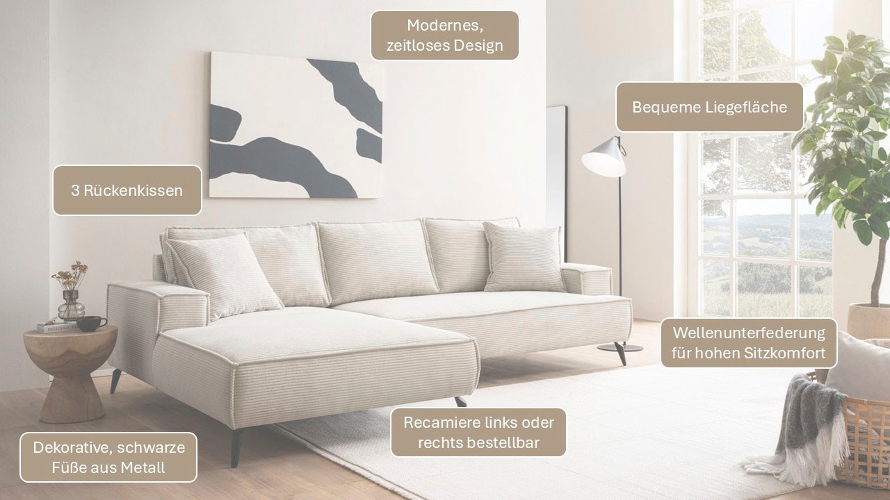 andas Ecksofa »TVINNU, L-Form, 275cm, in Cord und Flachgewebe«, wahlweise Recamiere rechts/links, schwarze Füße, bequemer Sitzkomfort